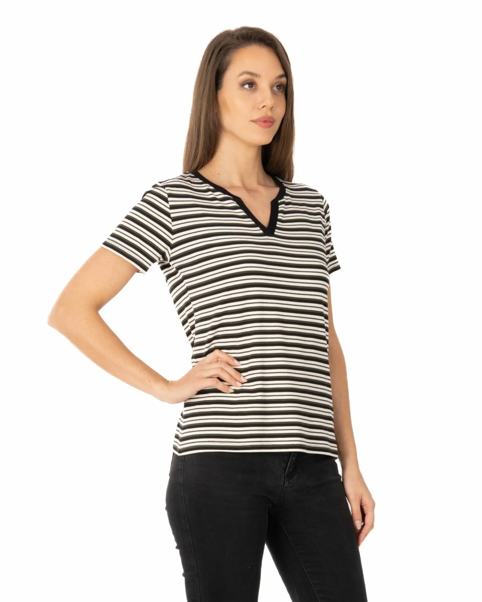 Tricou vâscoză elastan dungi cu decolteu V