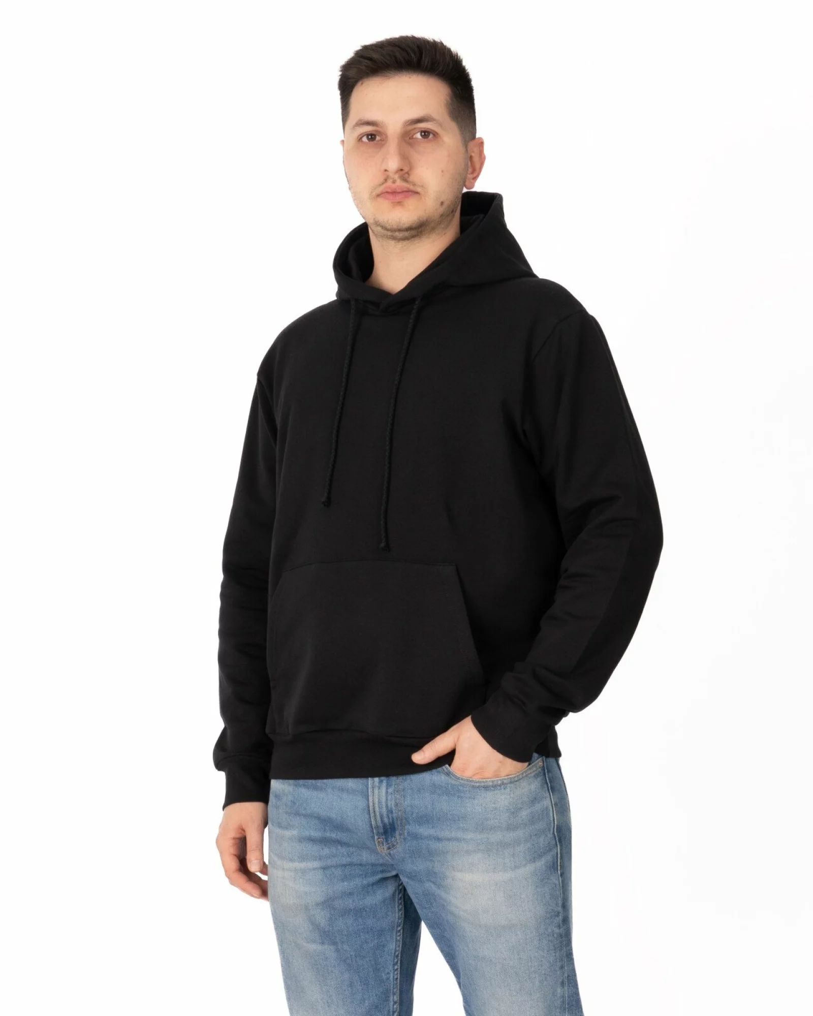 Hanorac negru bumbac elastan cu interior pufos și glugă