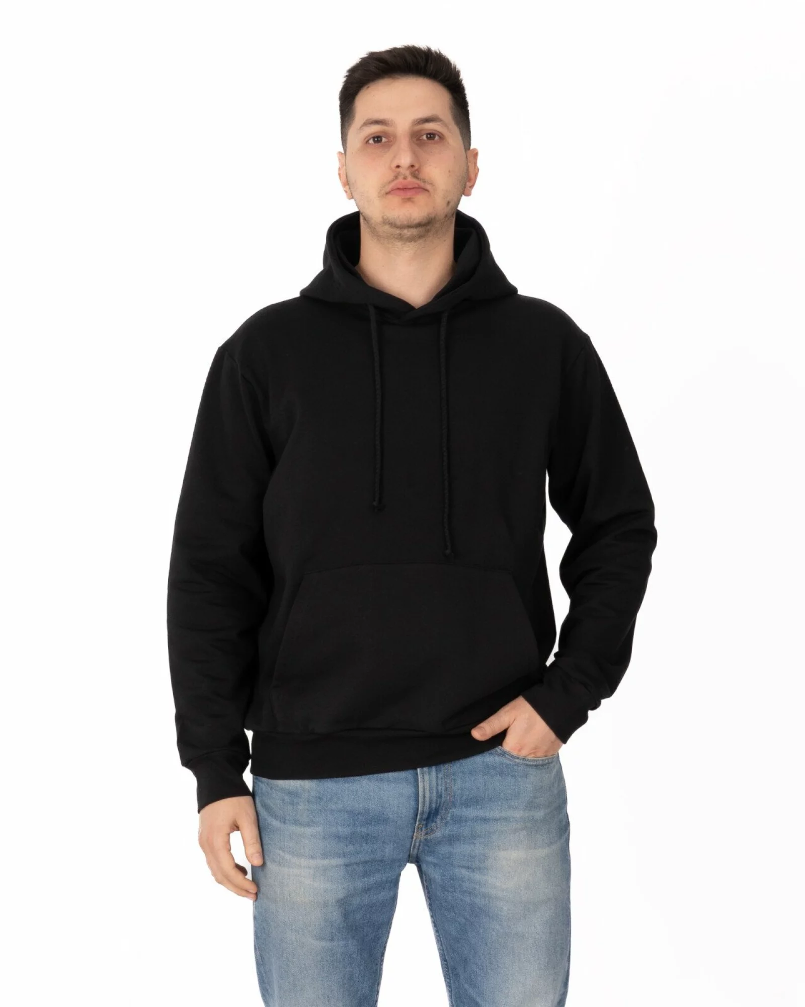 Hanorac negru bumbac elastan cu interior pufos și glugă