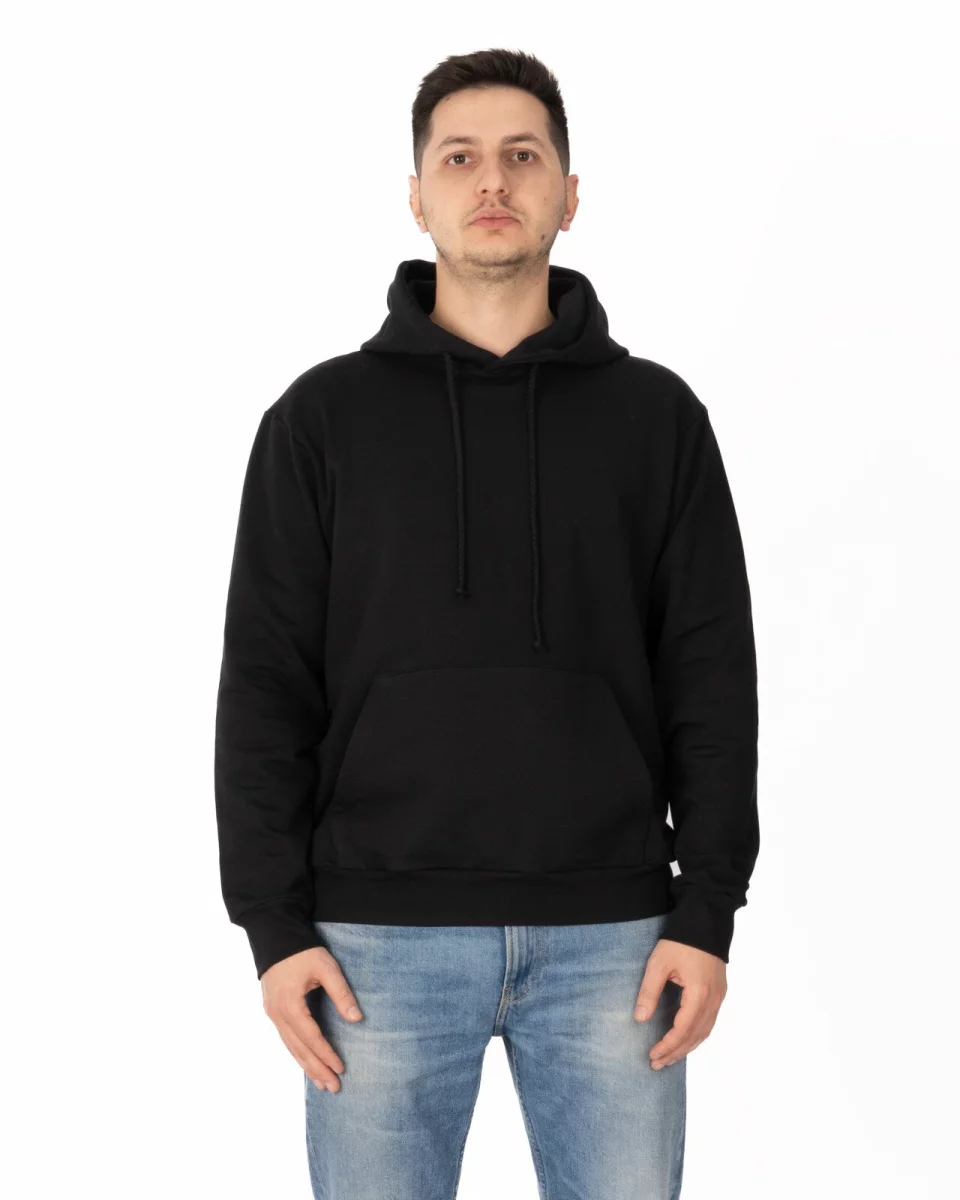 Hanorac negru bumbac elastan cu interior pufos și glugă