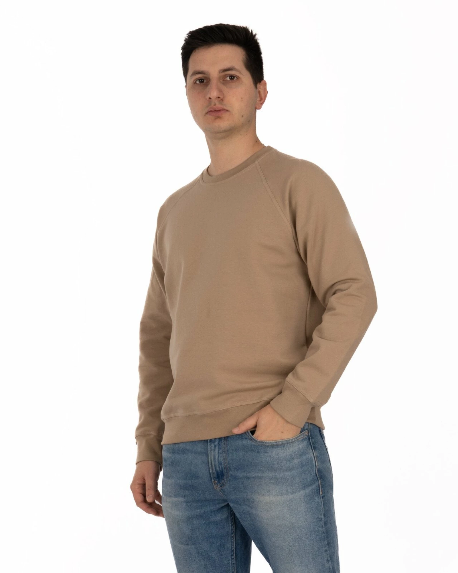 Hanorac bej la baza gâtului bumbac elastan cu interior pufos și mâneci raglan