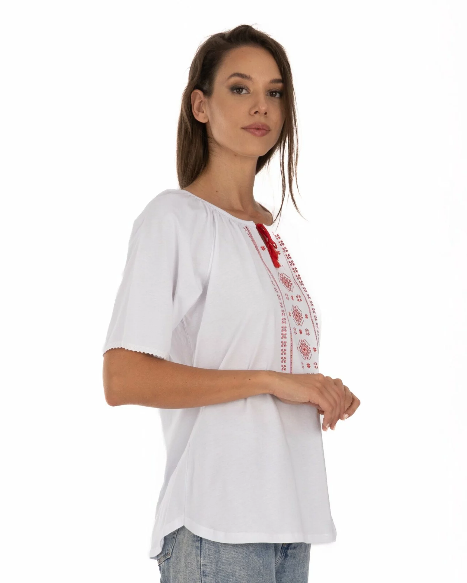 Tricou alb bumbac cu imprimeu tradițional
