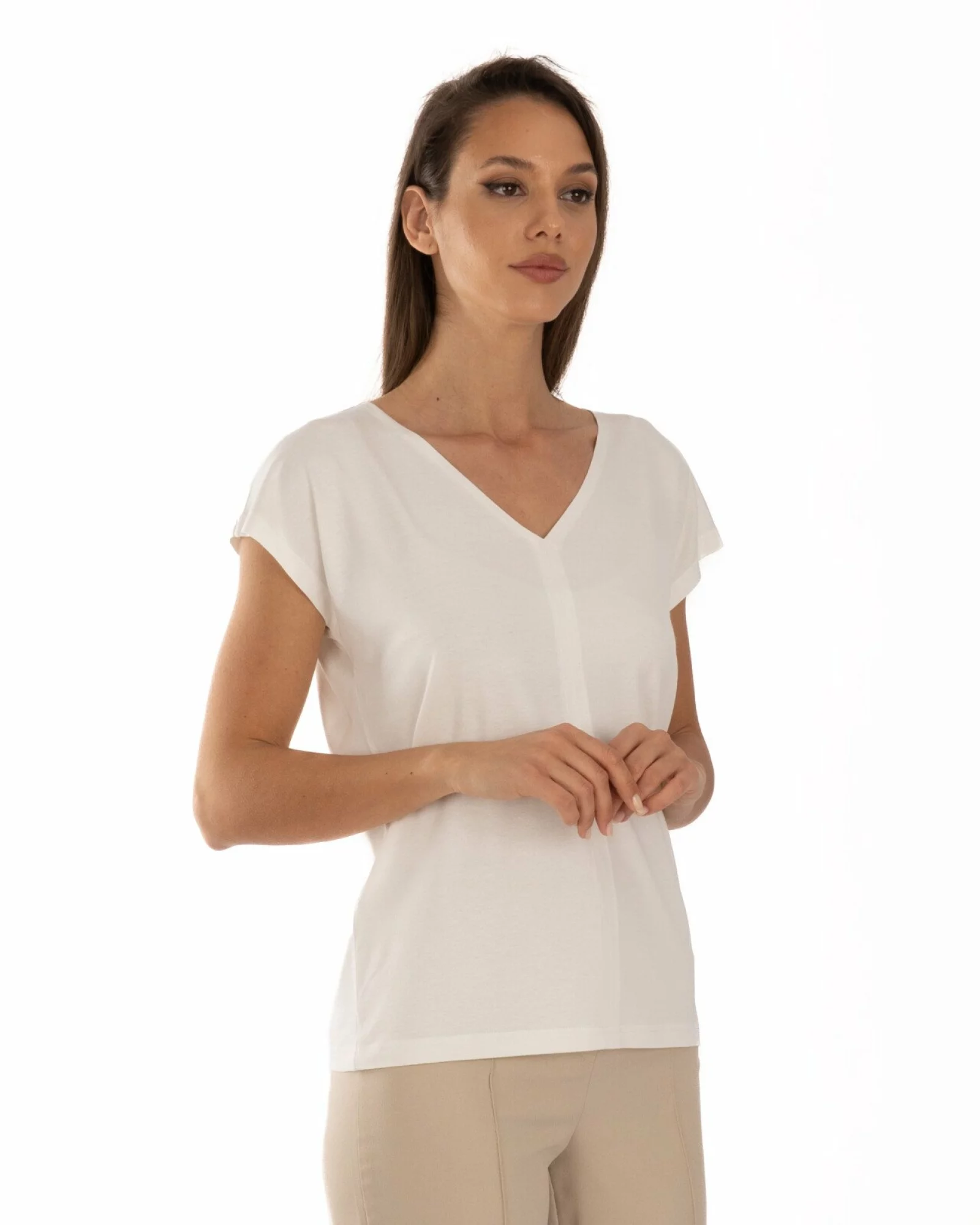 Tricou alb vâscoză elastan cu decolteu V