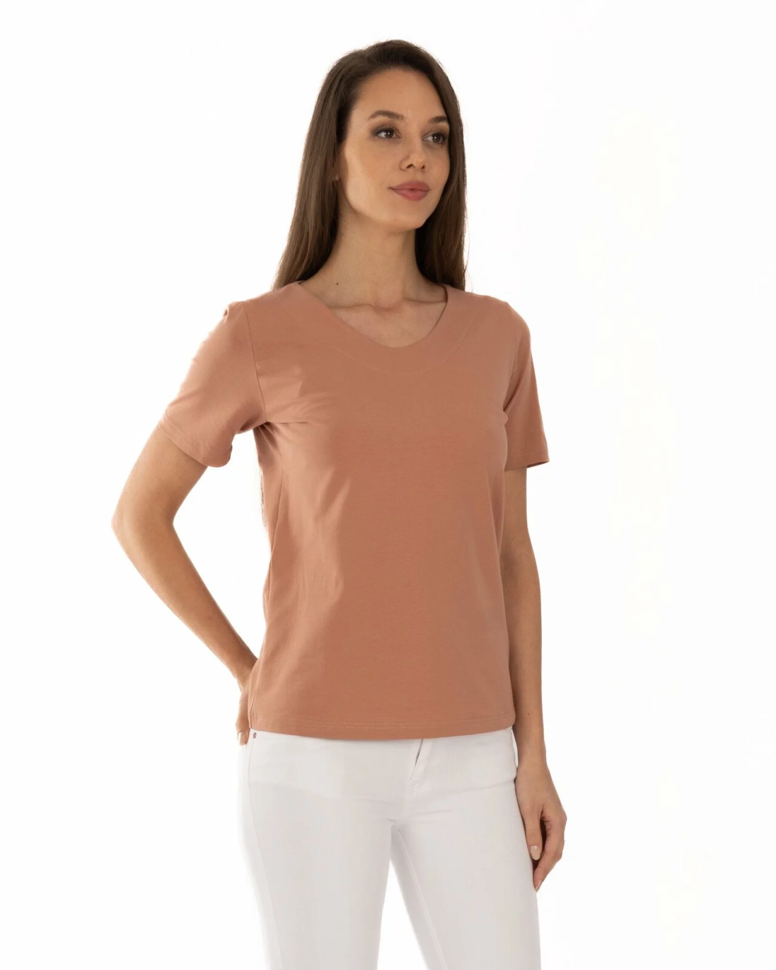 Tricou cappuccino din bumbac elastan cu decolteu conturat