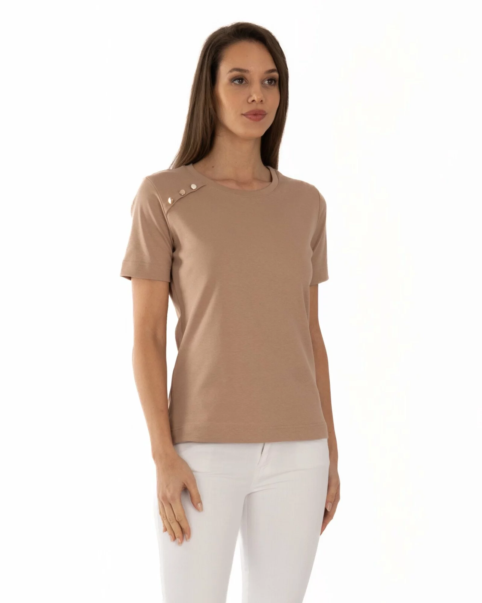 Tricou bej bumbac interlock cu nasturi la umăr