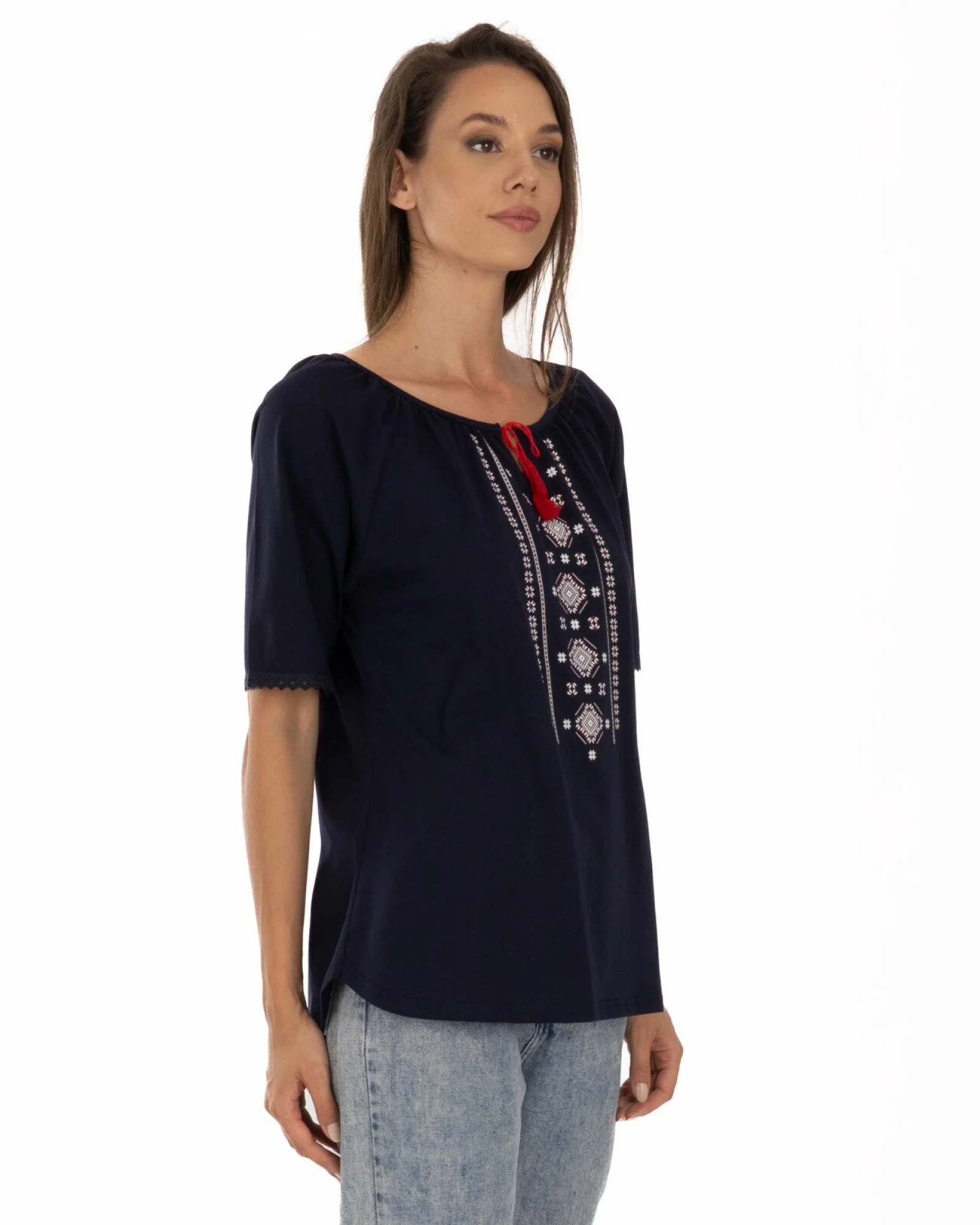 Tricou bleumarin bumbac cu imprimeu tradițional