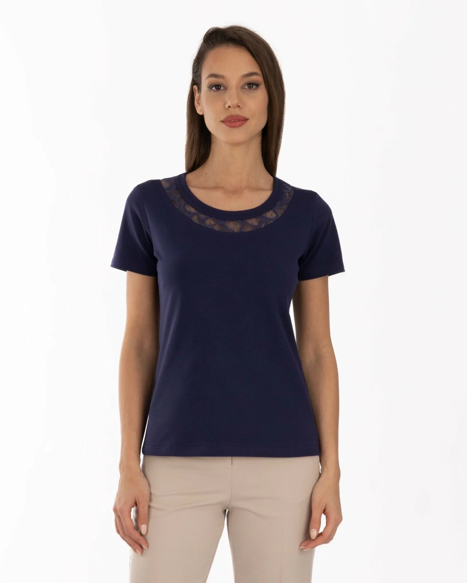 Tricou bleumarin bumbac elastan cu dantelă la decolteu
