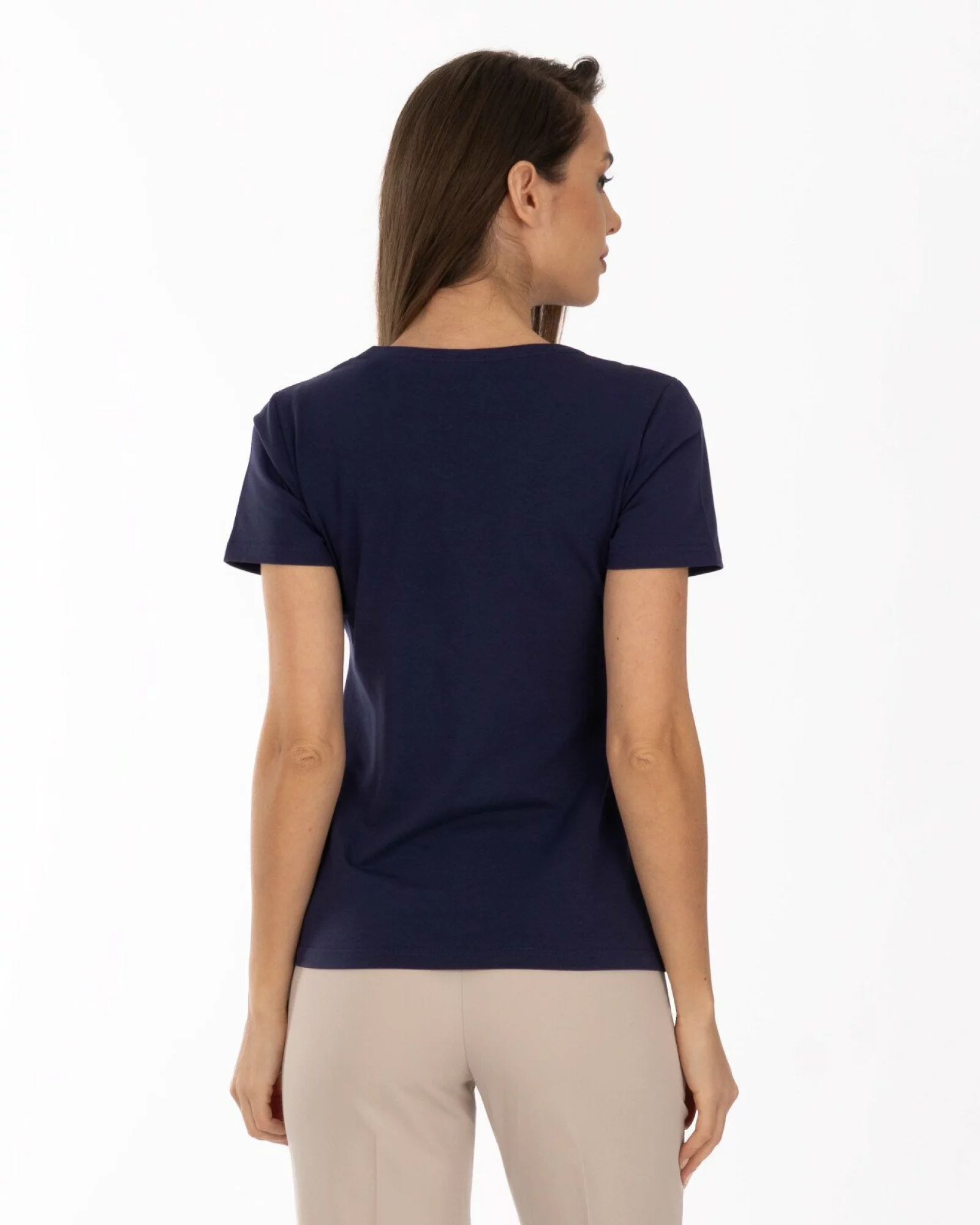 Tricou bleumarin bumbac elastan cu dantelă la decolteu