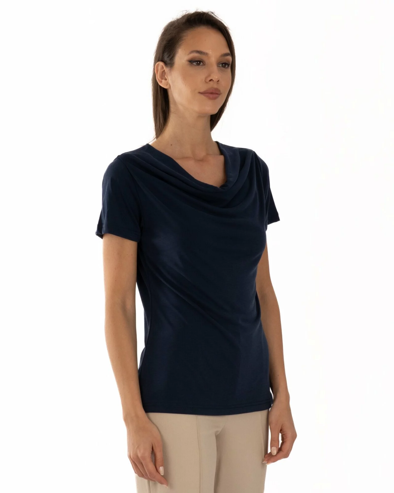 Tricou bleumarin modal cu decolteu drapat