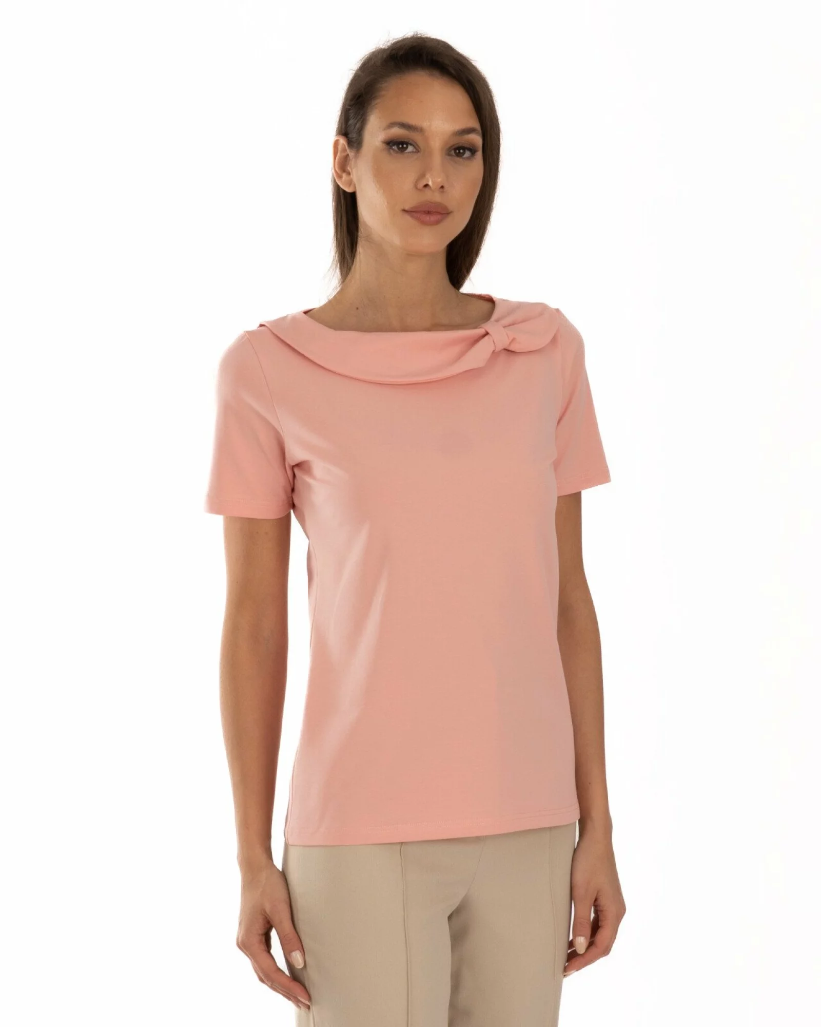 Tricou coral bumbac elastan cu guler decorativ