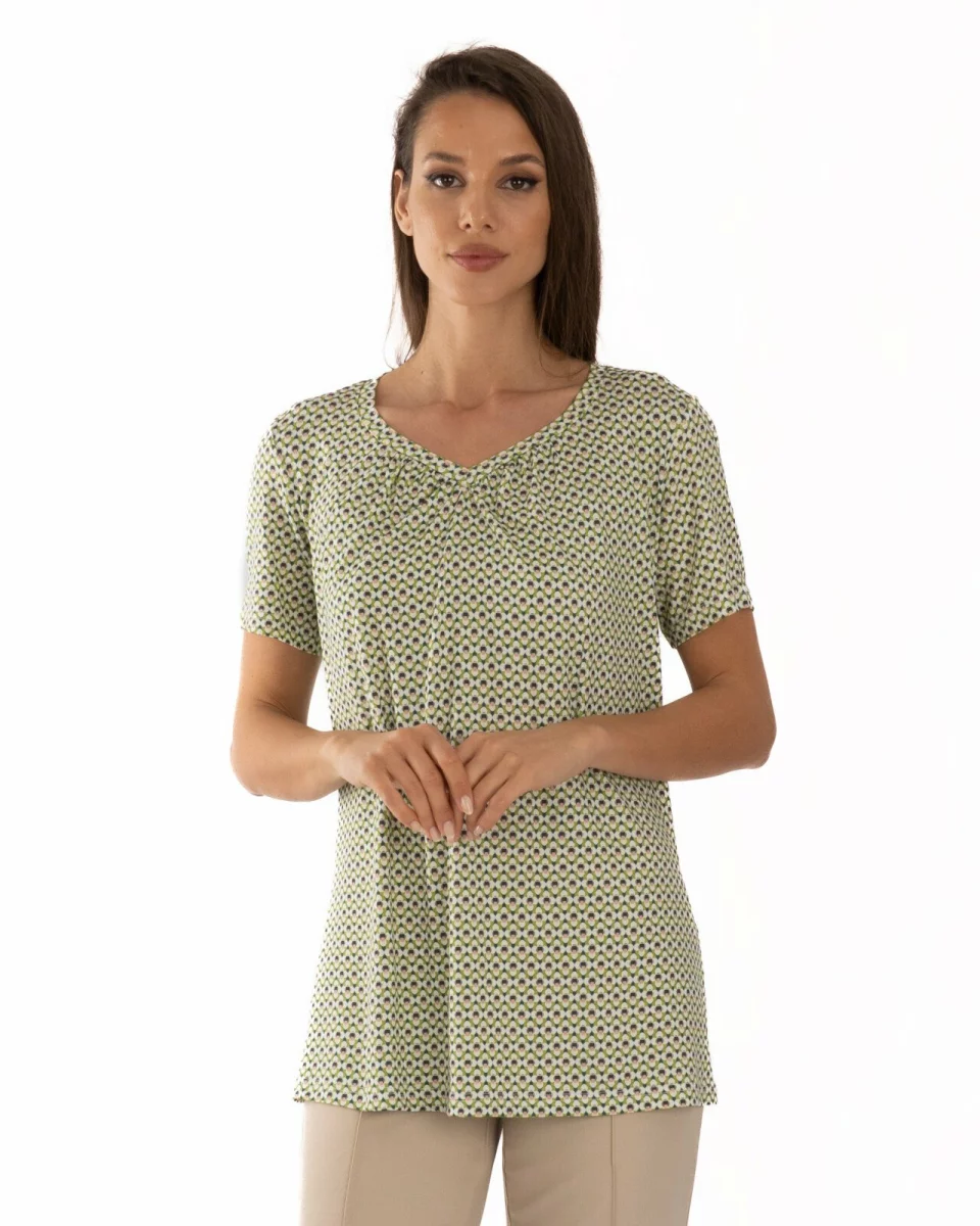 Tricou kaki vâscoză elastan cu fronseu
