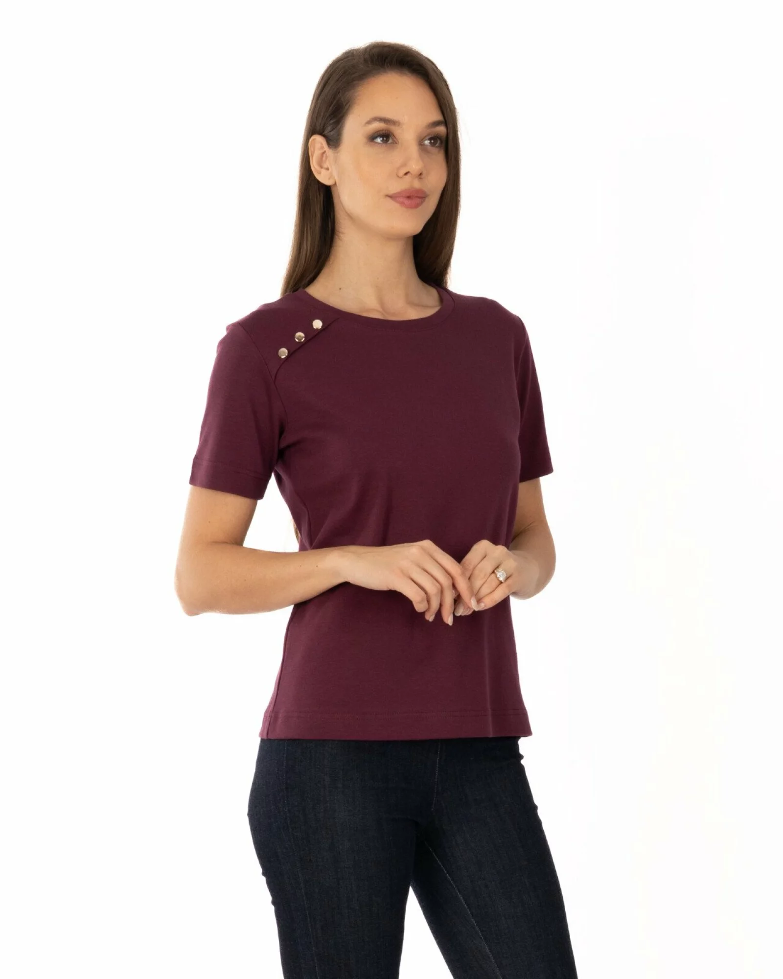 Tricou mov bumbac interlock cu nasturi la umăr