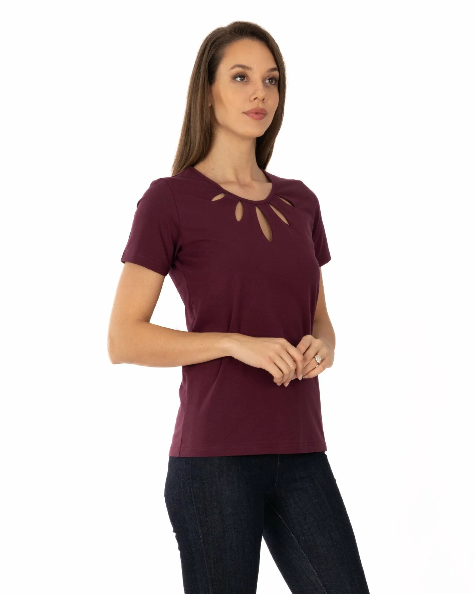 Tricou mov prună bumbac elastan cu decupaj la decolteu