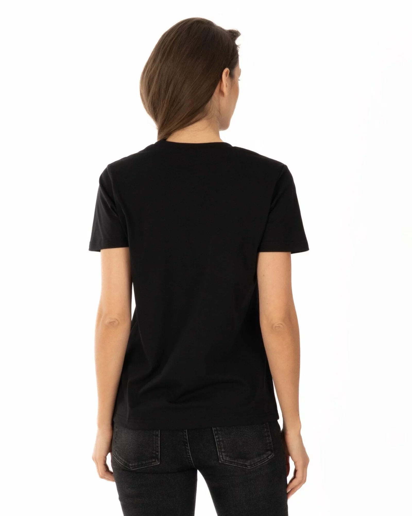 Tricou negru bumbac cu guler aplicat