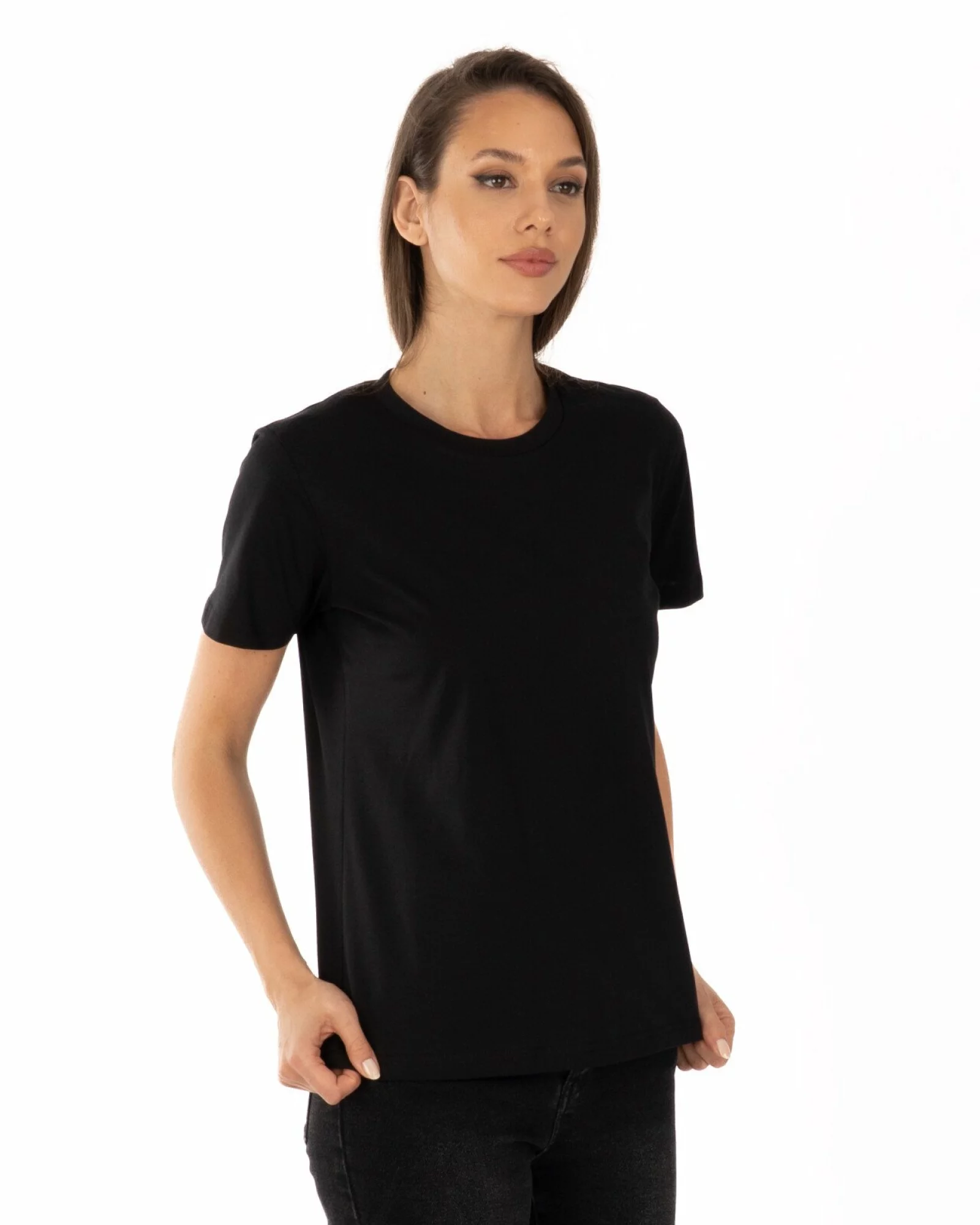 Tricou negru bumbac cu guler aplicat