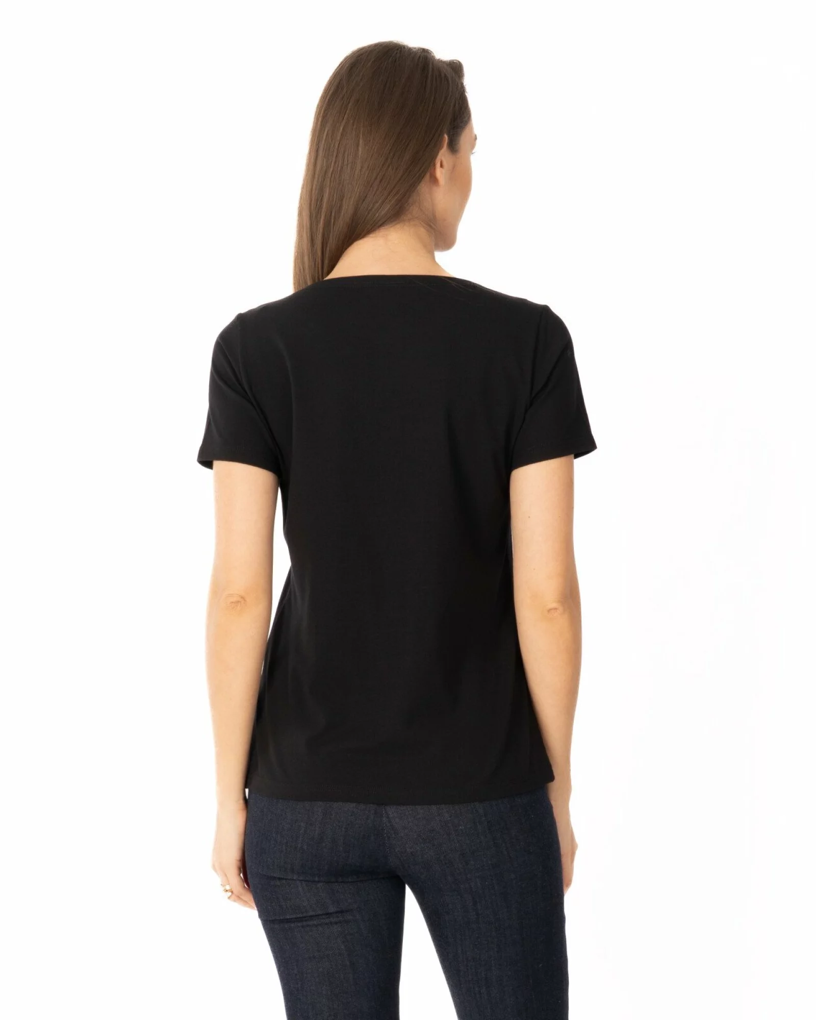 Tricou negru bumbac elastan cu guler decorativ