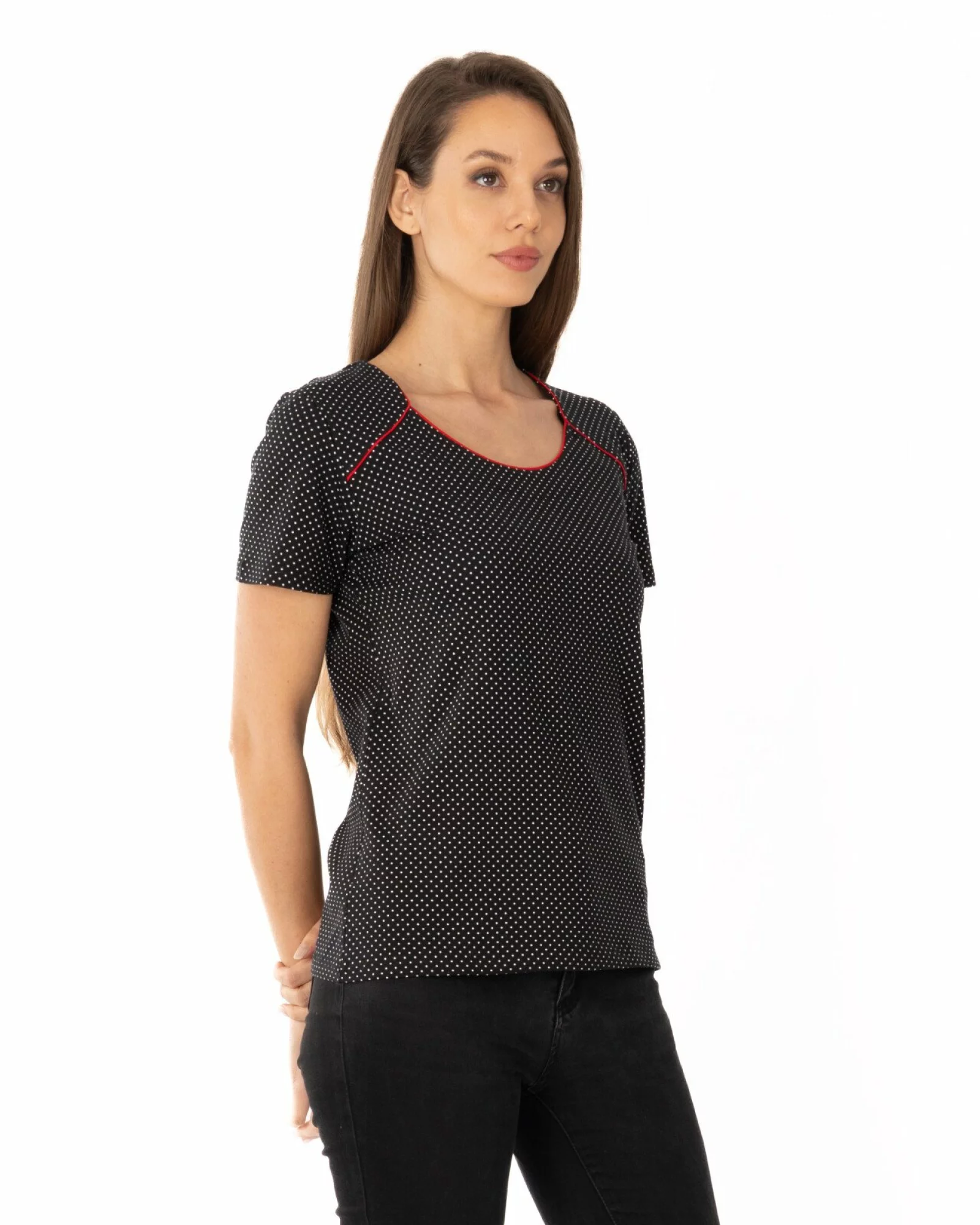 Tricou negru cu buline bumbac elastan