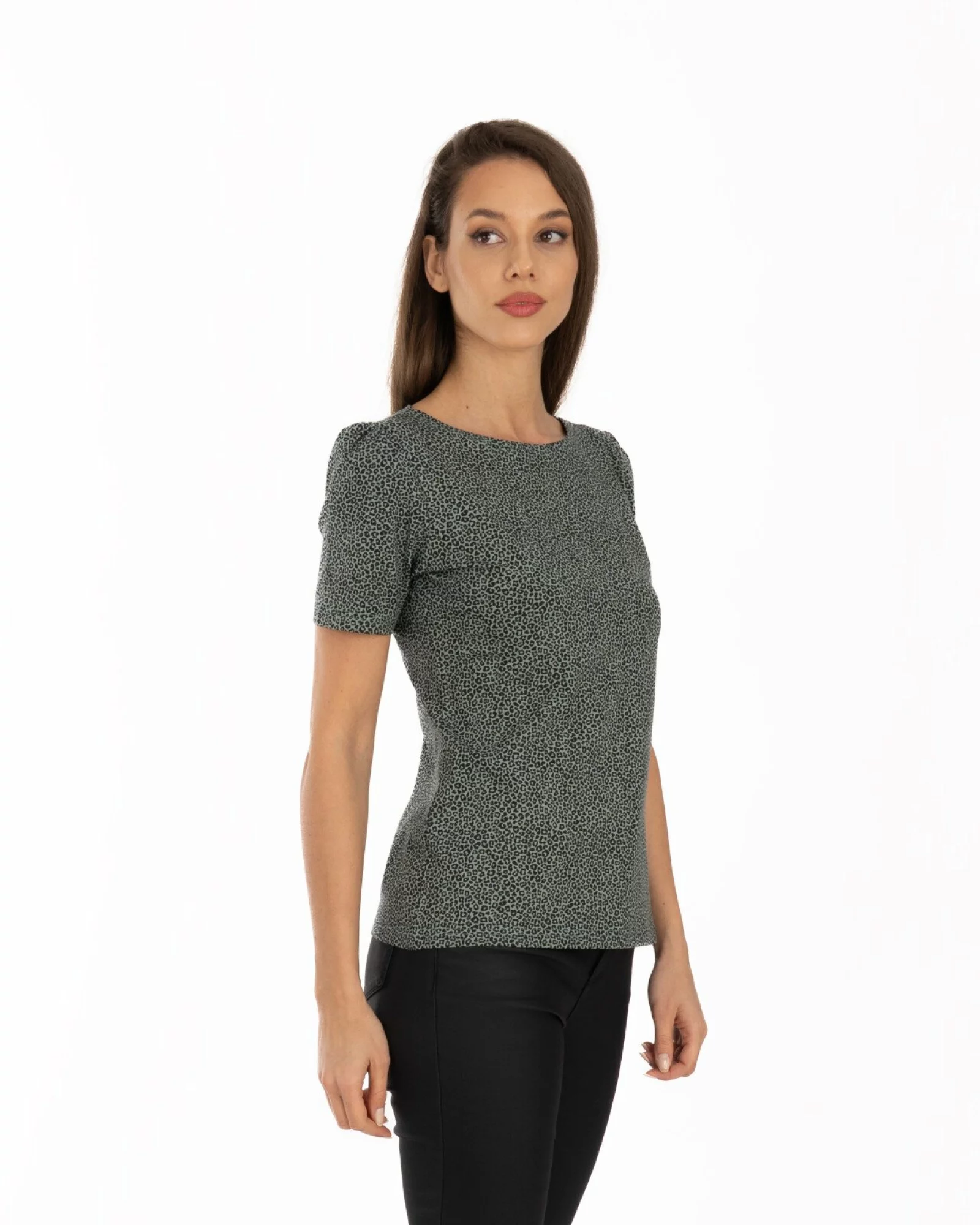 Tricou petrol bumbac elastan cu animal print