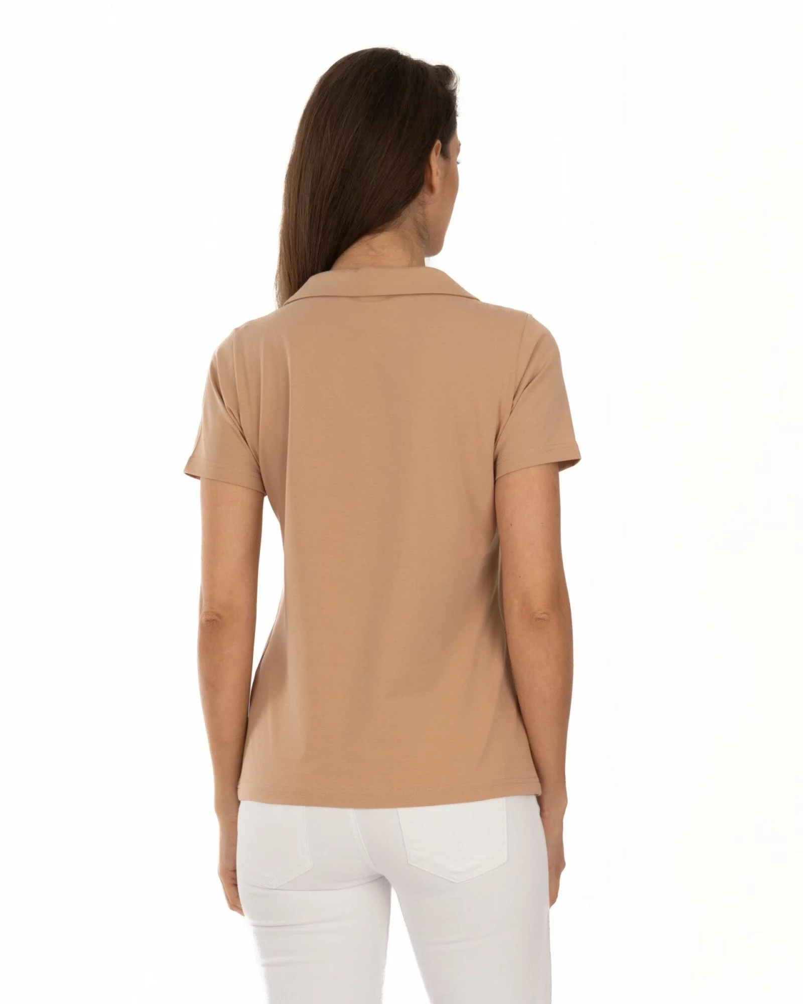 Tricou polo bej bumbac elastan fără nasturi