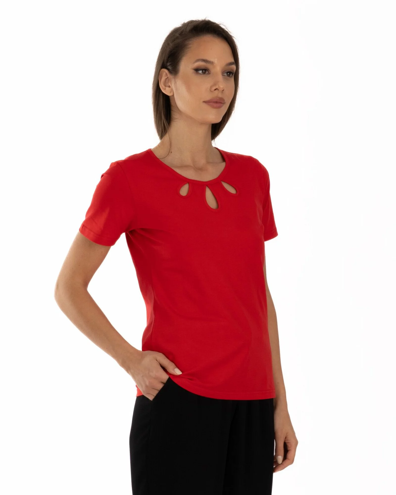 Tricou roșu bumbac elastan cu decupaj la decolteu