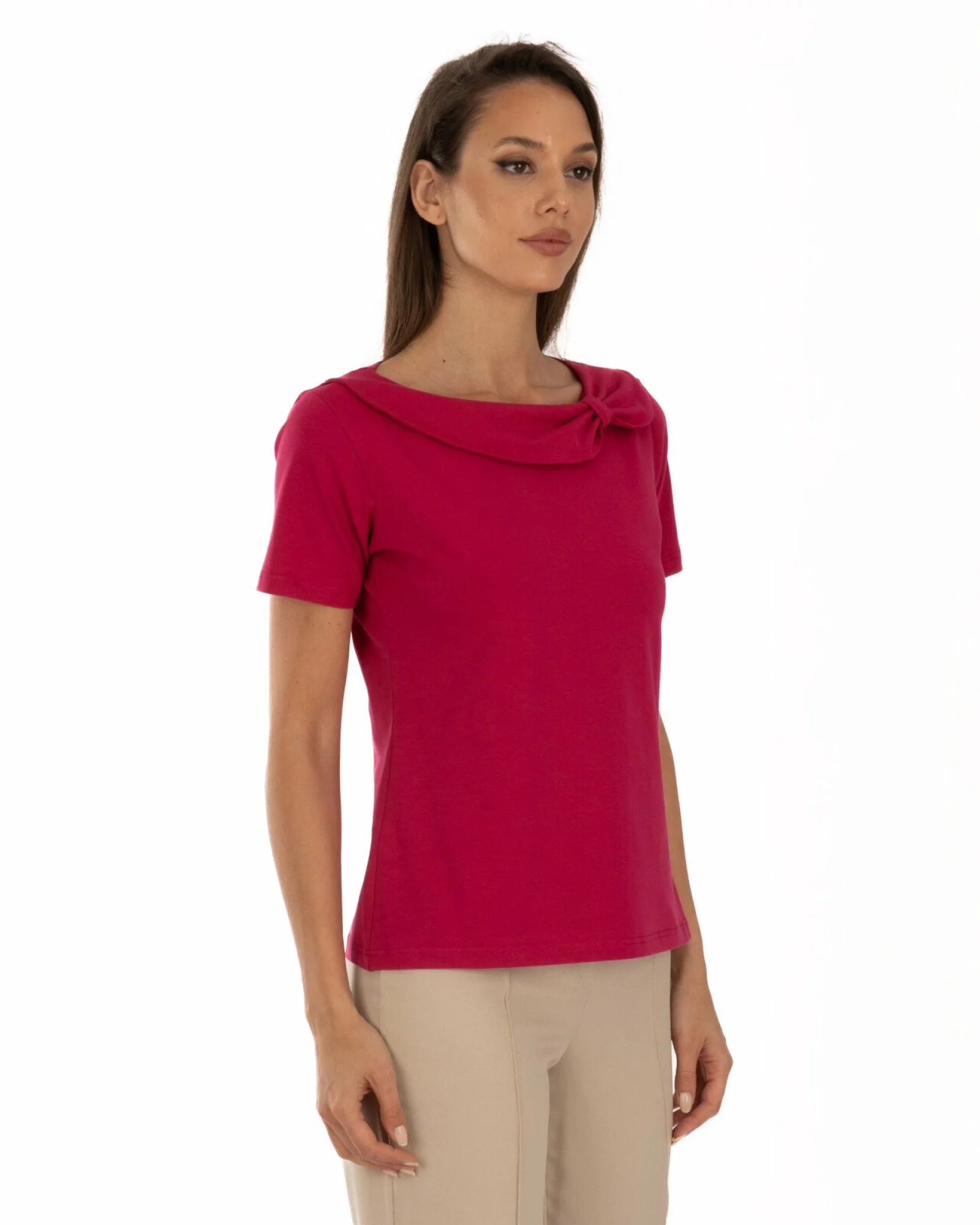 Tricou roșu bumbac elastan cu guler decorativ