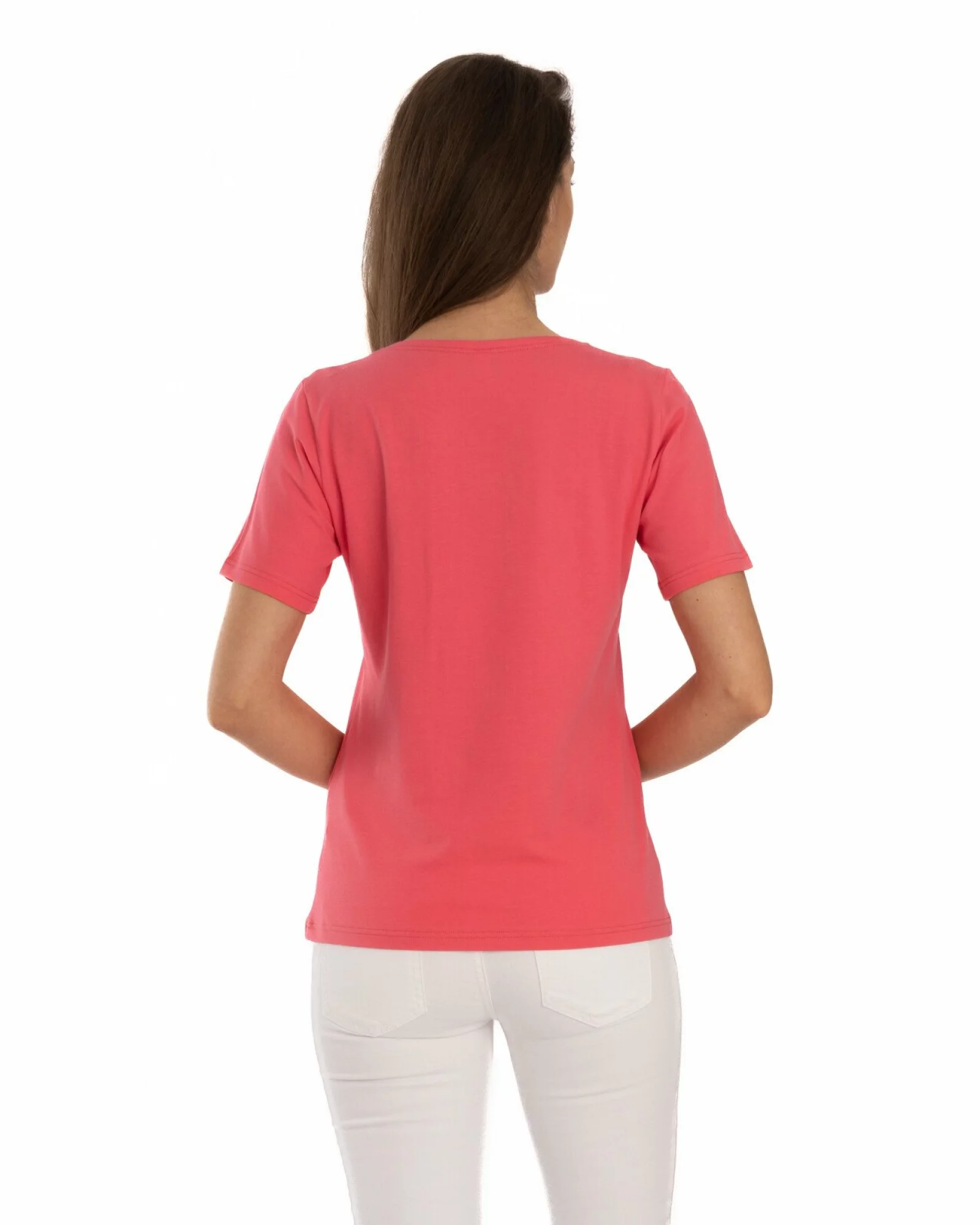 Tricou roz din bumbac elastan cu decolteu conturat