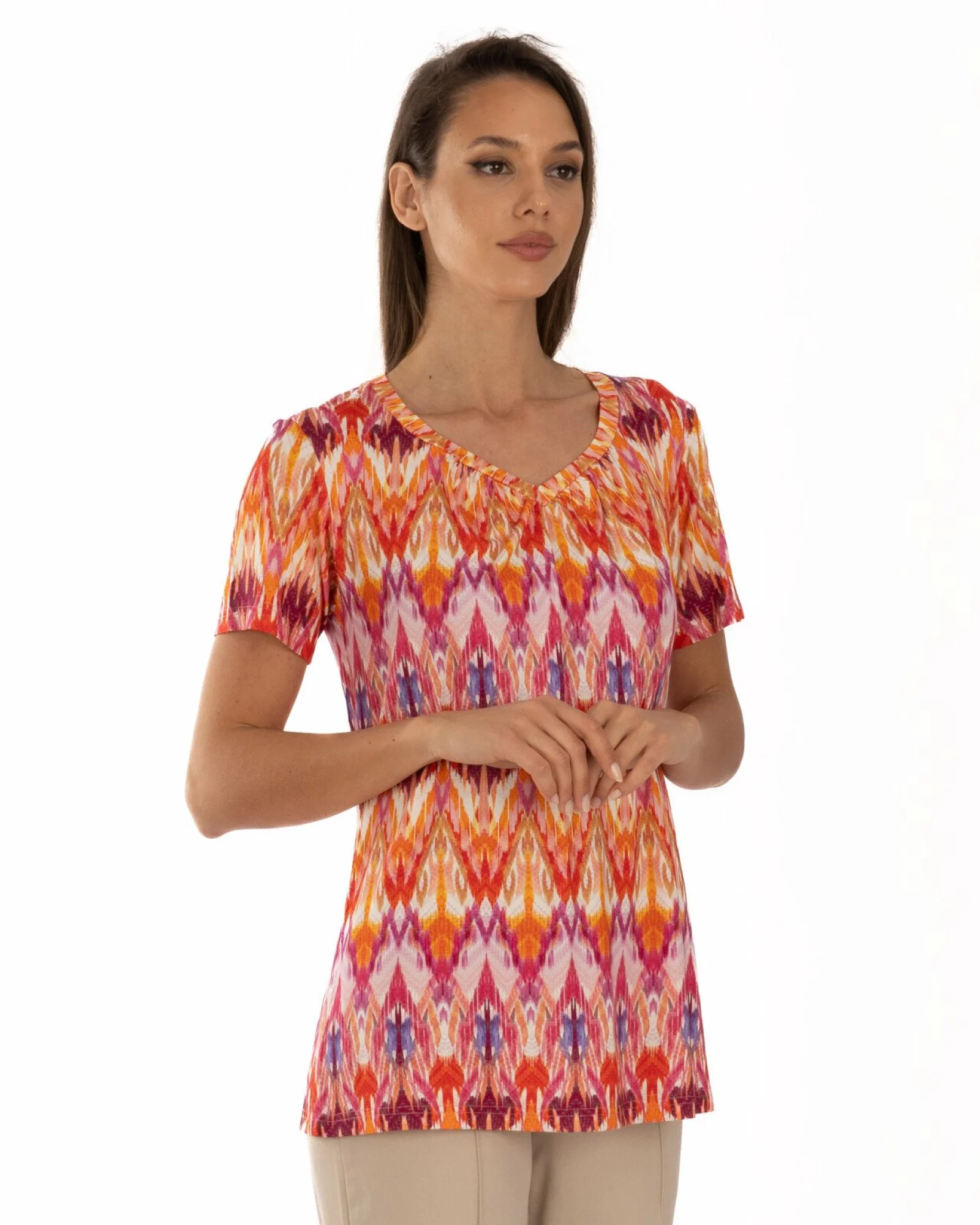 Tricou roz vâscoză elastan cu fronseu
