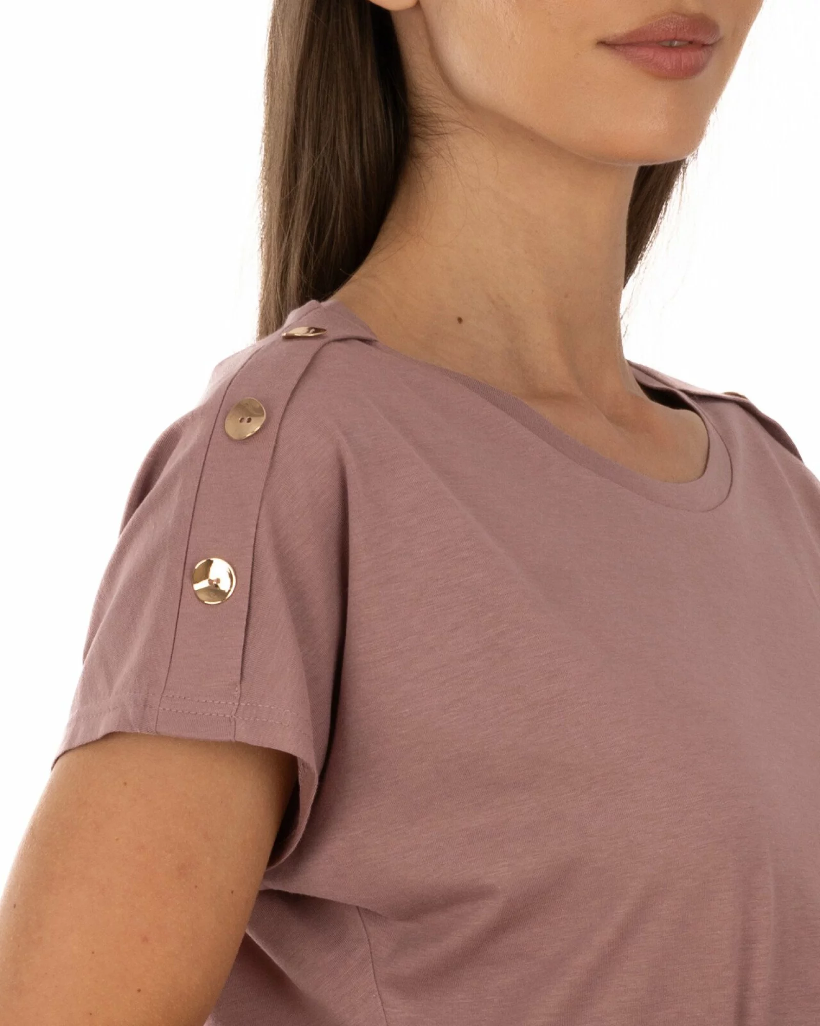 Tricou roz vintage bumbac modal cu nasturi la umăr