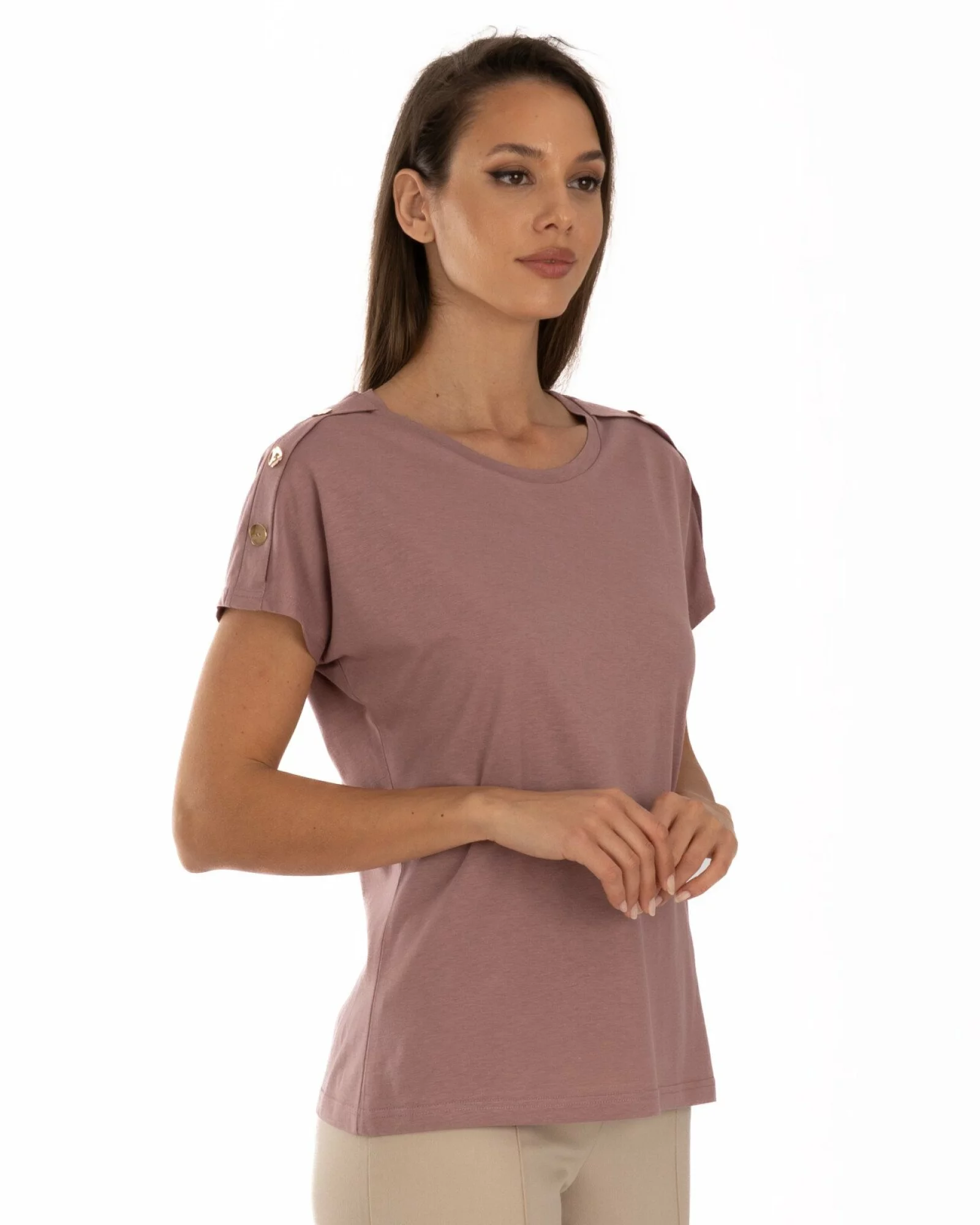 Tricou roz vintage bumbac modal cu nasturi la umăr