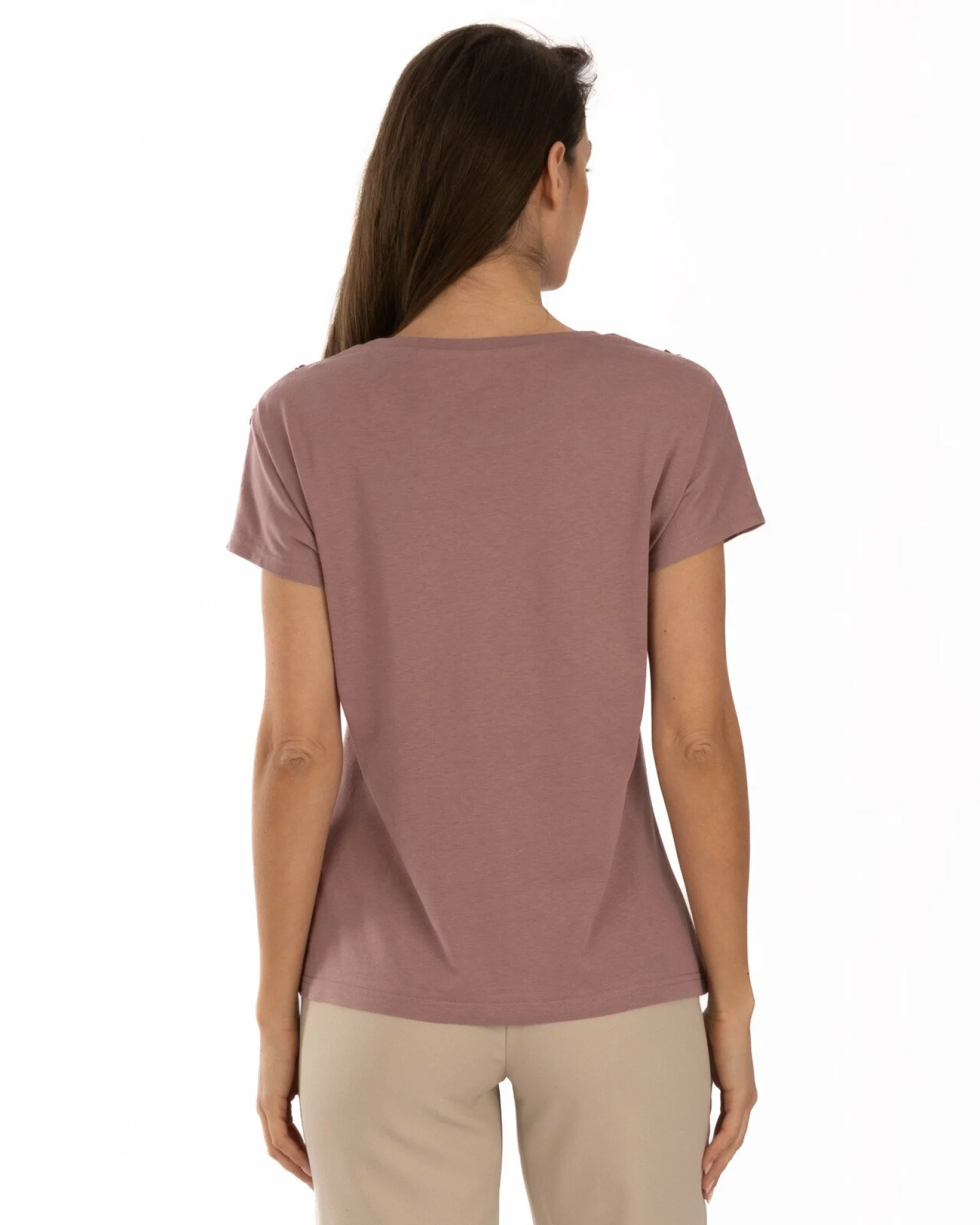 Tricou roz vintage bumbac modal cu nasturi la umăr