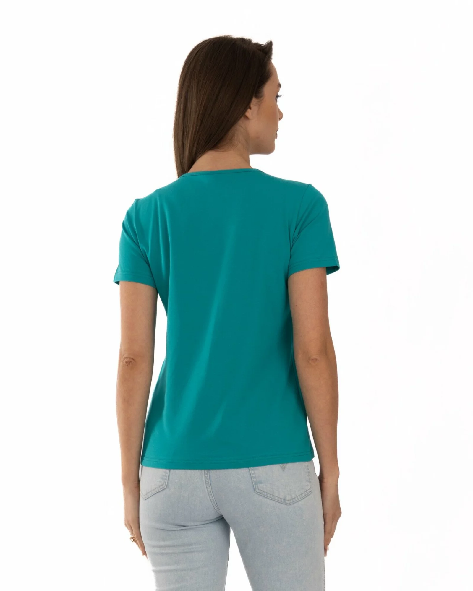 Tricou turcoaz bumbac elastan cu decupaj la decolteu
