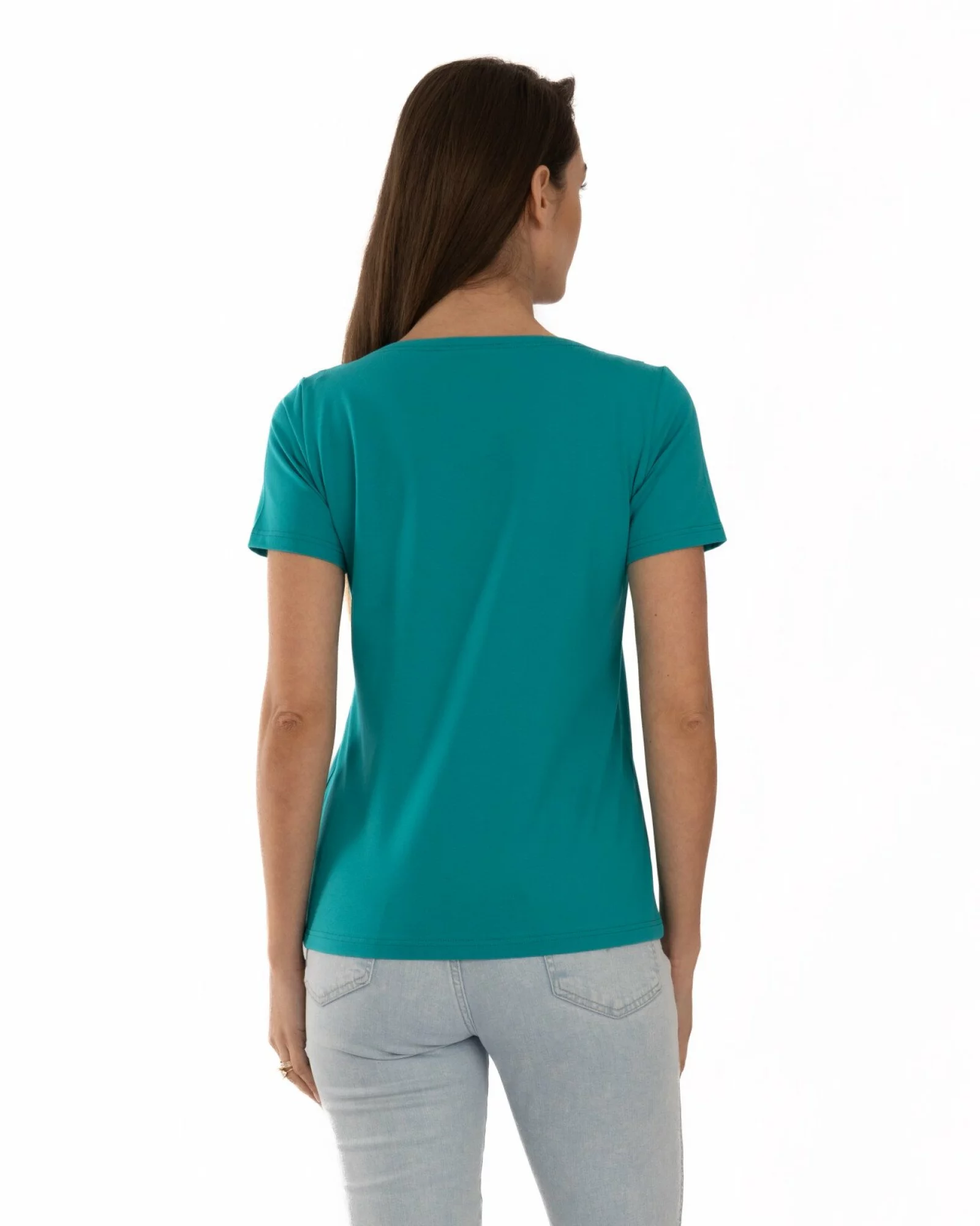 Tricou turcoaz bumbac elastan cu guler decorativ