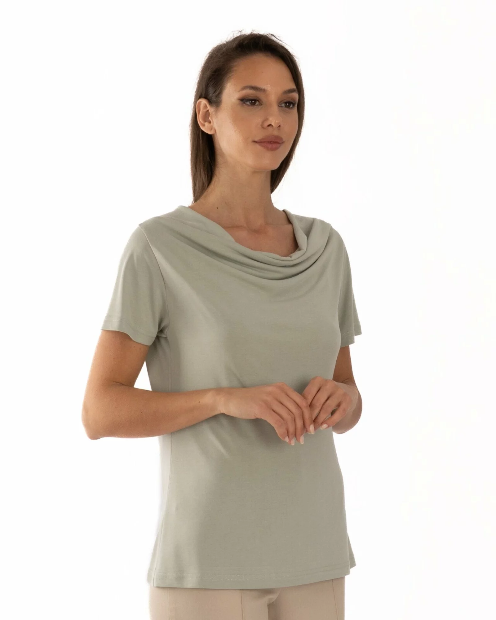 Tricou verde salvia modal cu decolteu drapat
