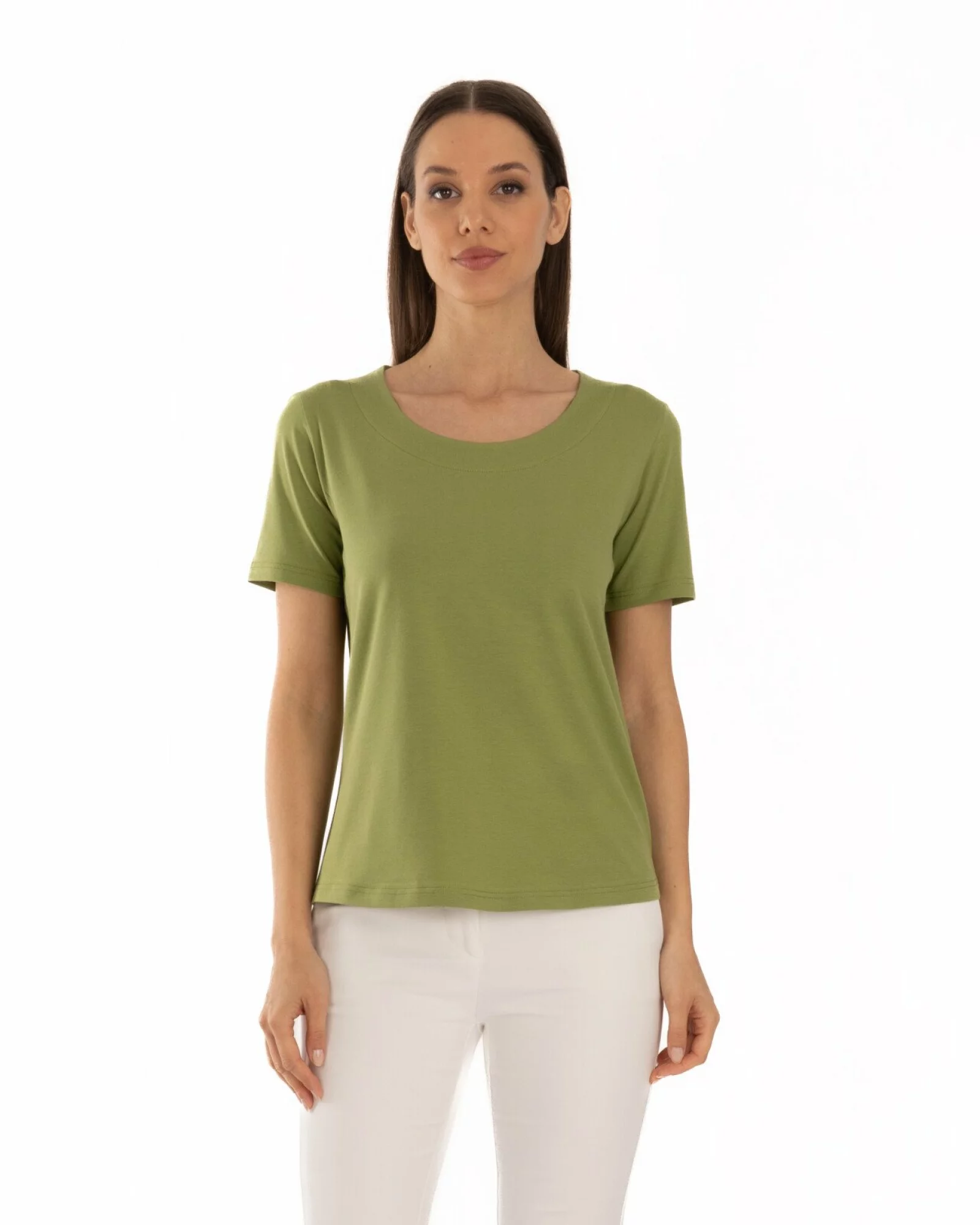 Tricou kaki din bumbac elastan cu decolteu conturat