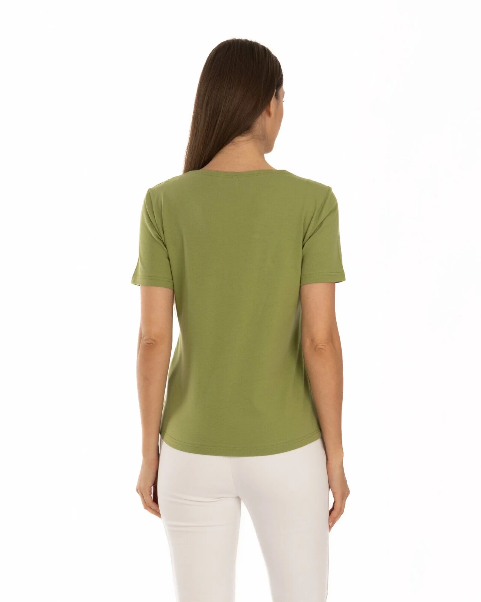 Tricou kaki din bumbac elastan cu decolteu conturat
