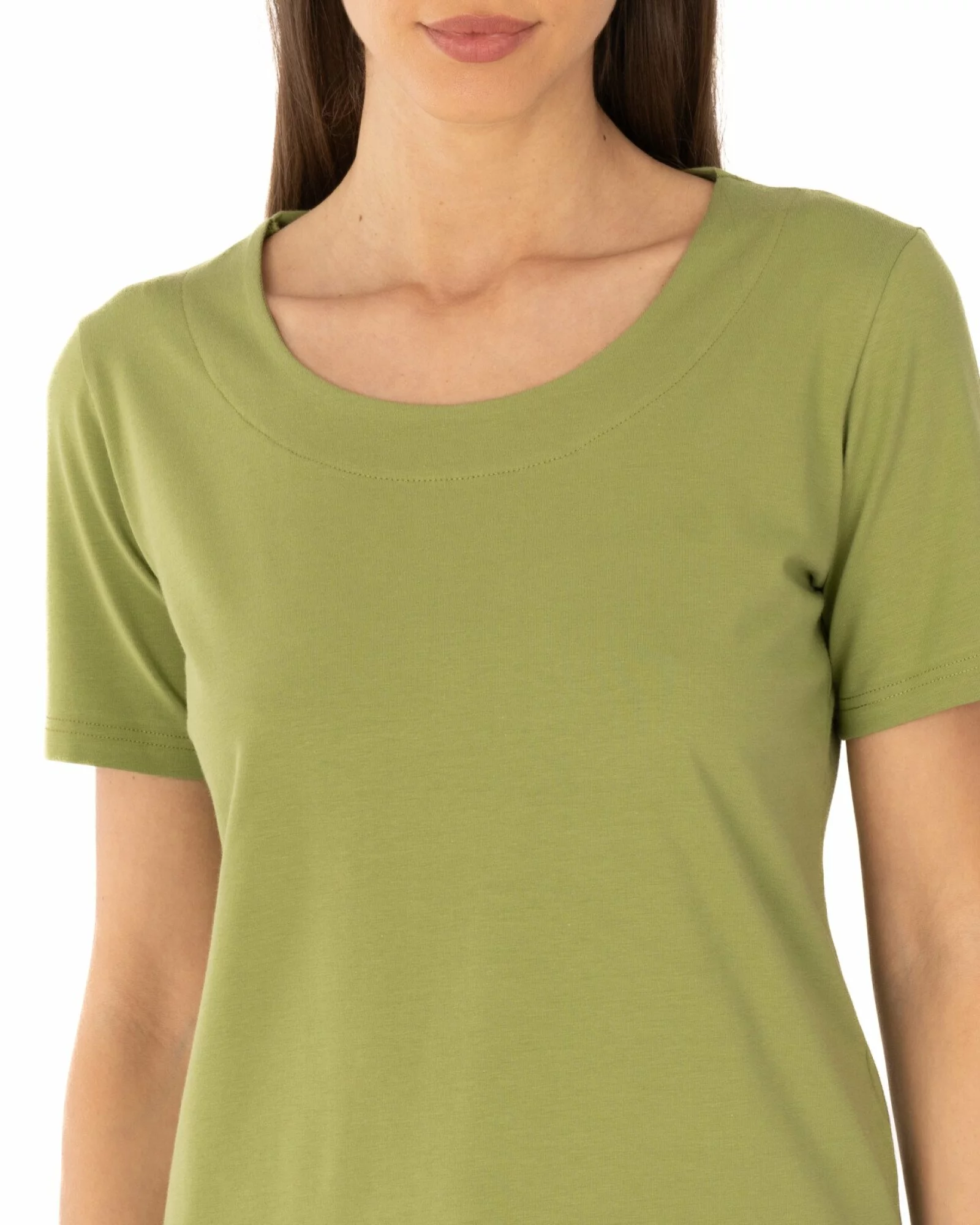 Tricou kaki din bumbac elastan cu decolteu conturat
