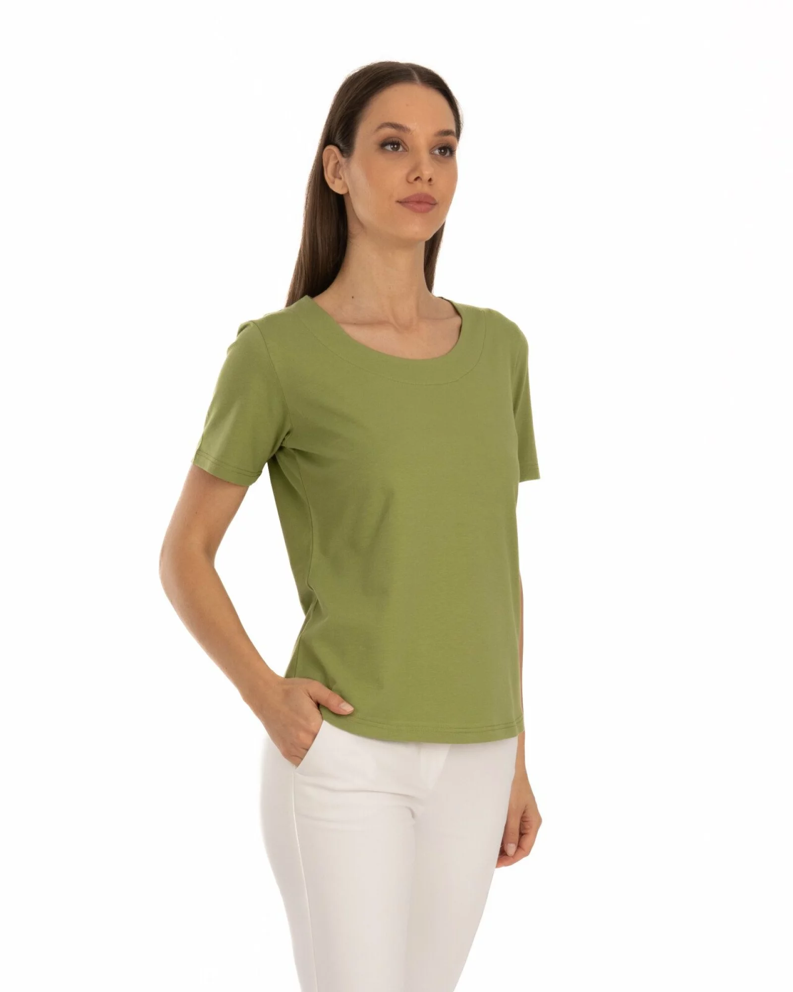 Tricou kaki din bumbac elastan cu decolteu conturat