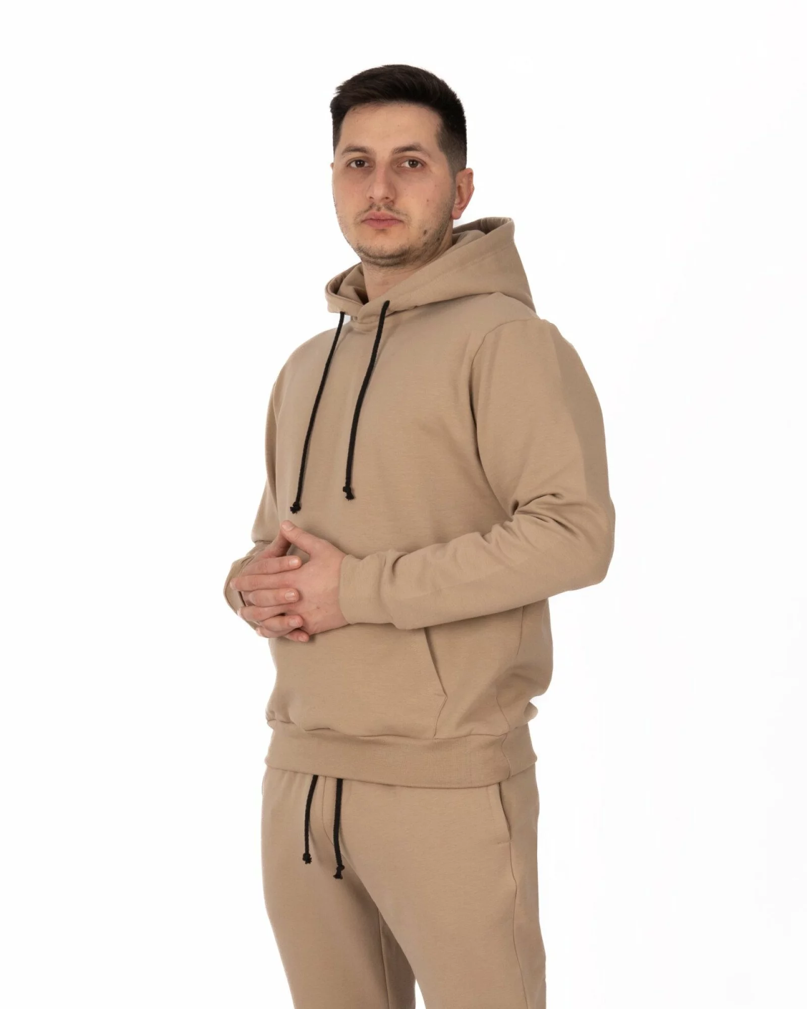 Hanorac bej bumbac elastan cu interior pufos și glugă