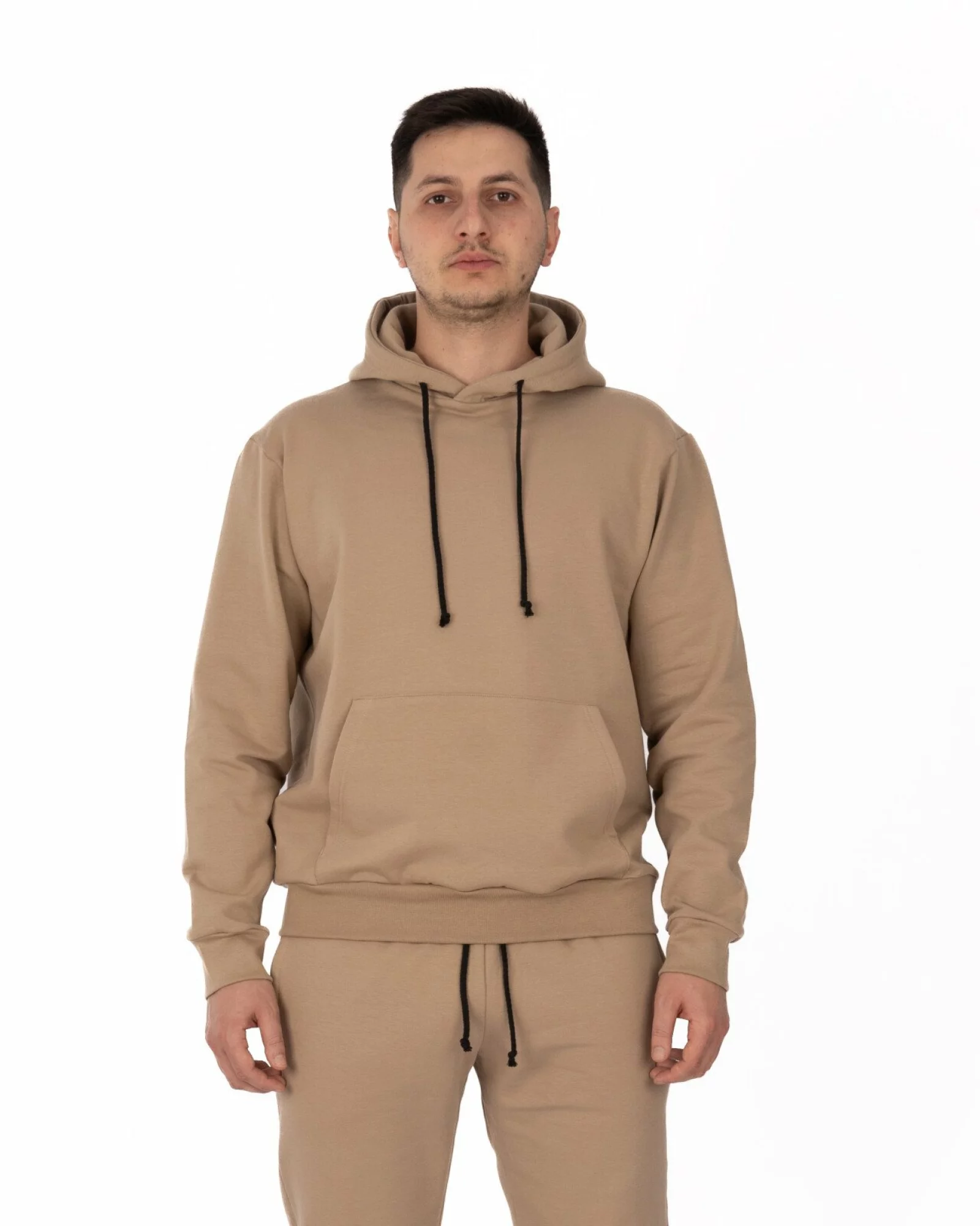 Hanorac bej bumbac elastan cu interior pufos și glugă