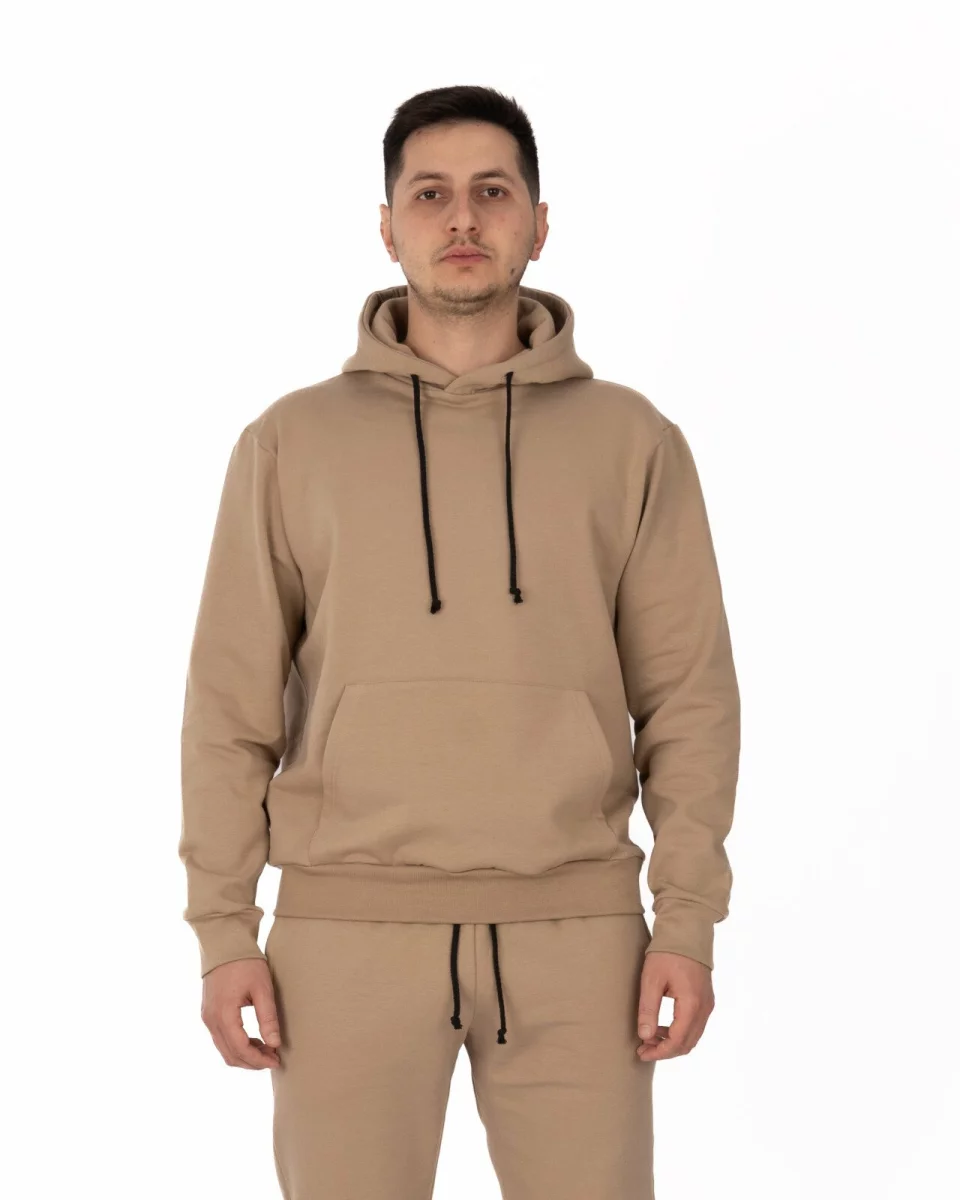 Hanorac bej bumbac elastan cu interior pufos și glugă
