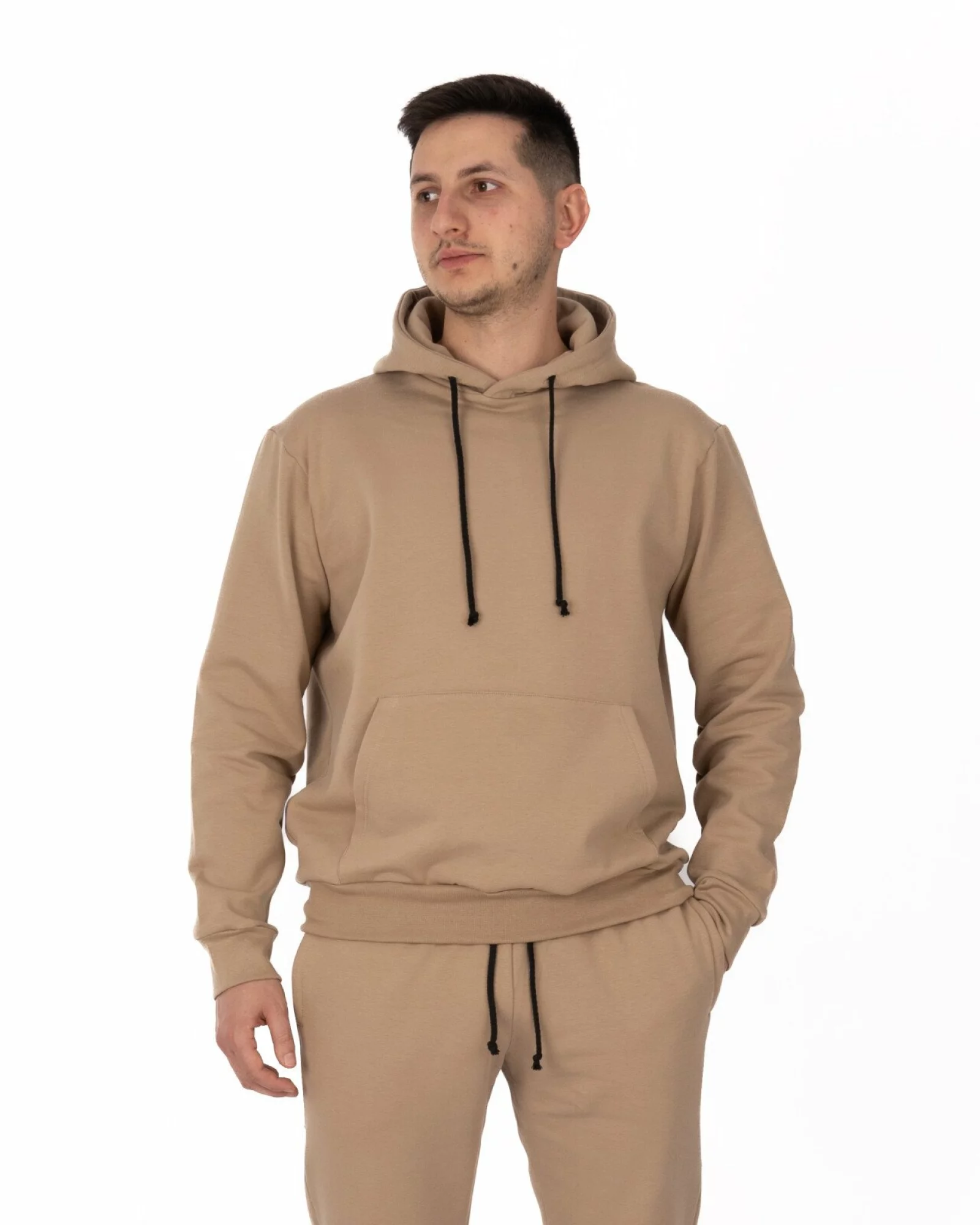 Hanorac bej bumbac elastan cu interior pufos și glugă