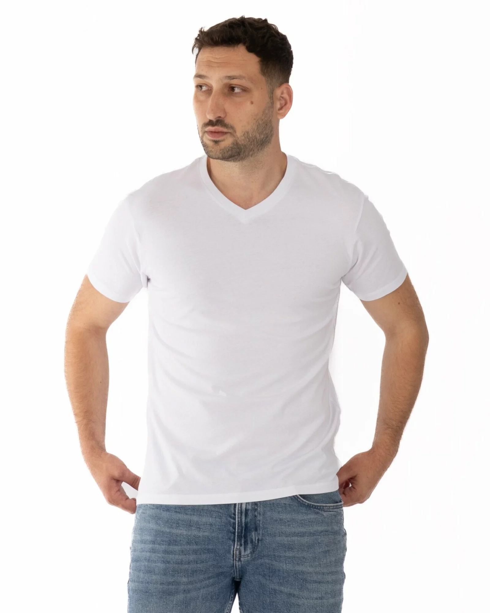 Tricou alb bumbac decolteu V