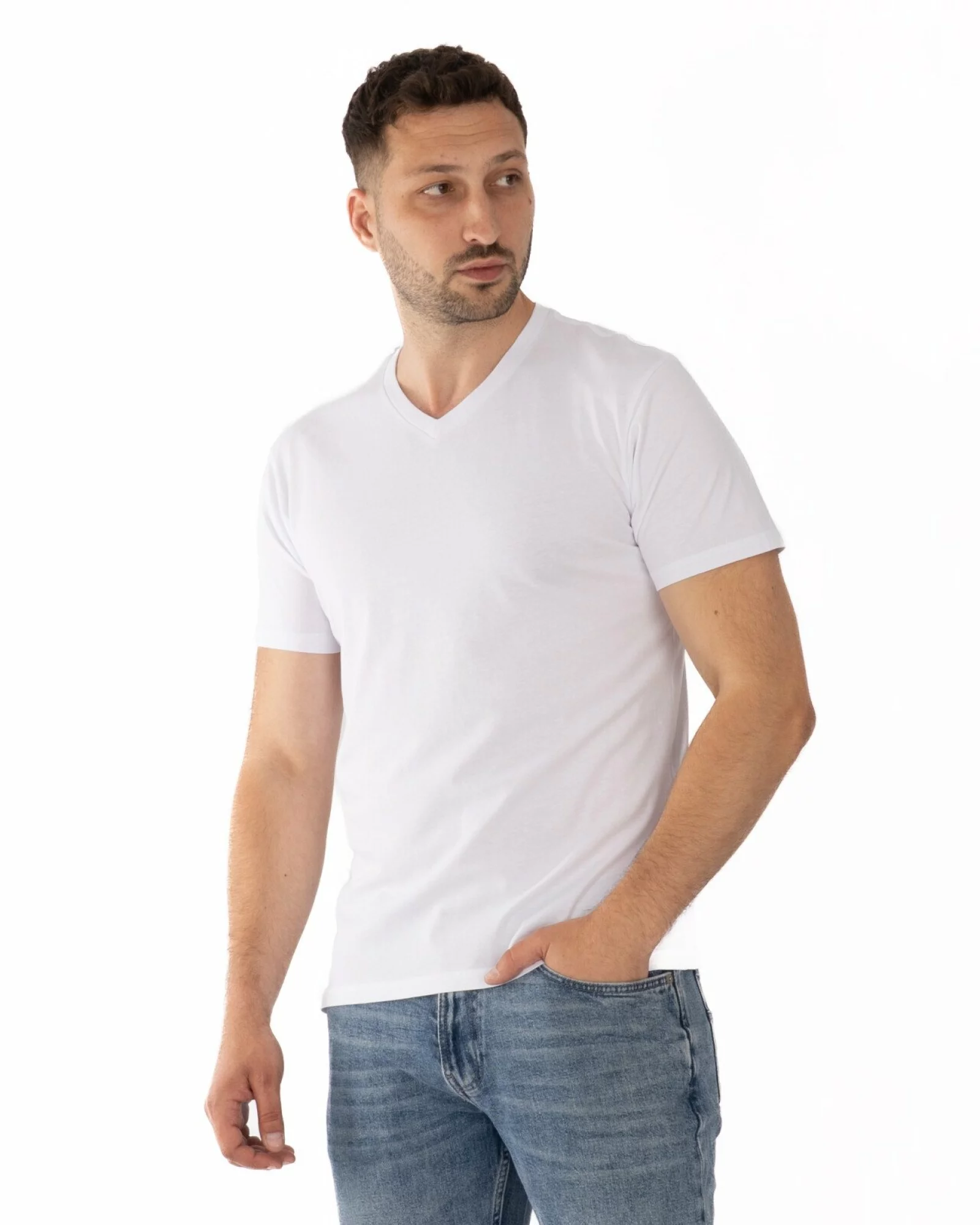 Tricou alb bumbac decolteu V