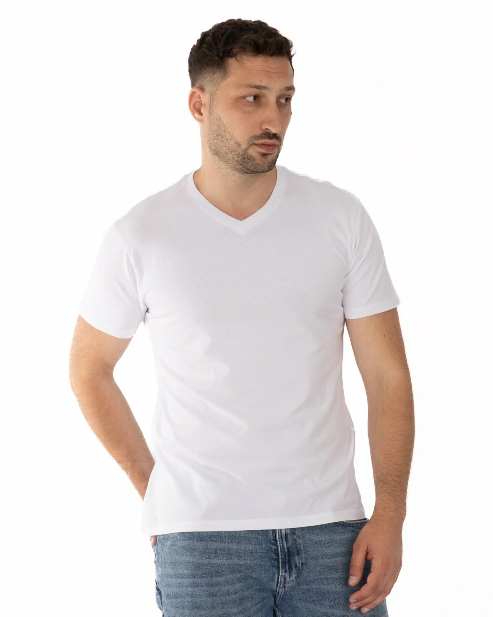 Tricou alb bumbac decolteu V