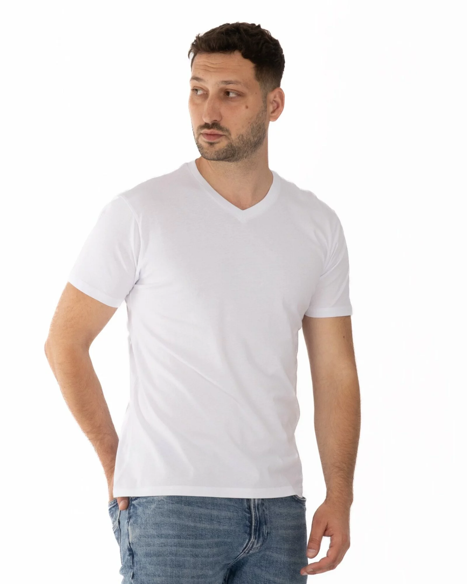 Tricou alb bumbac decolteu V