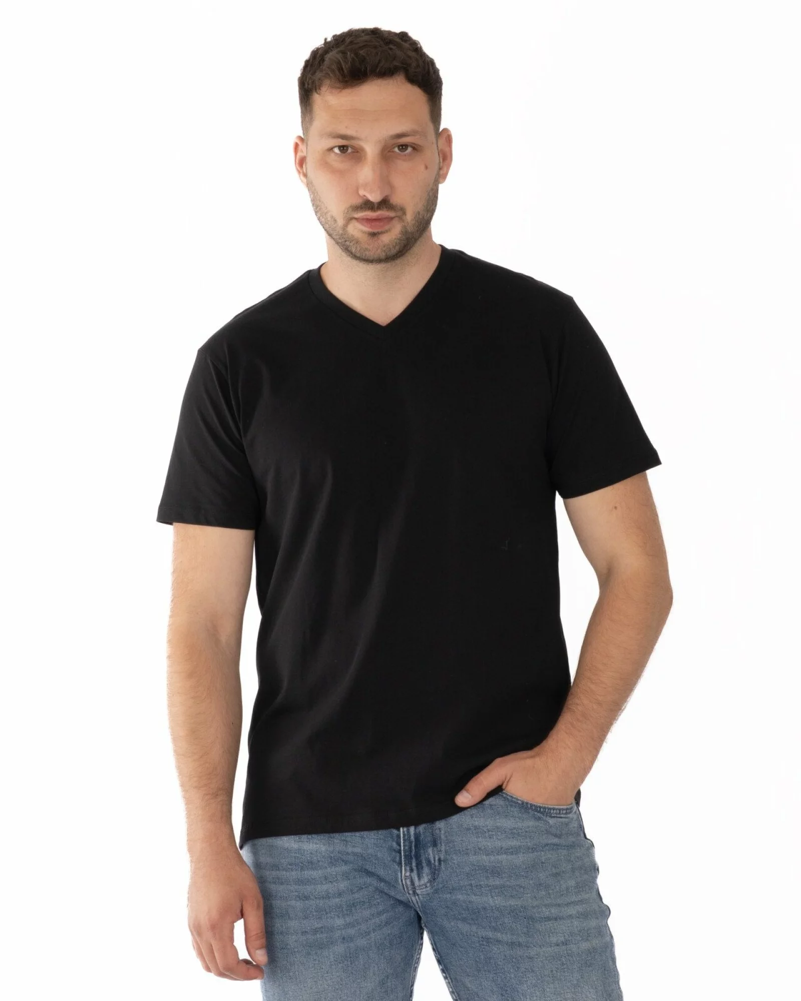 Tricou negru bumbac decolteu V