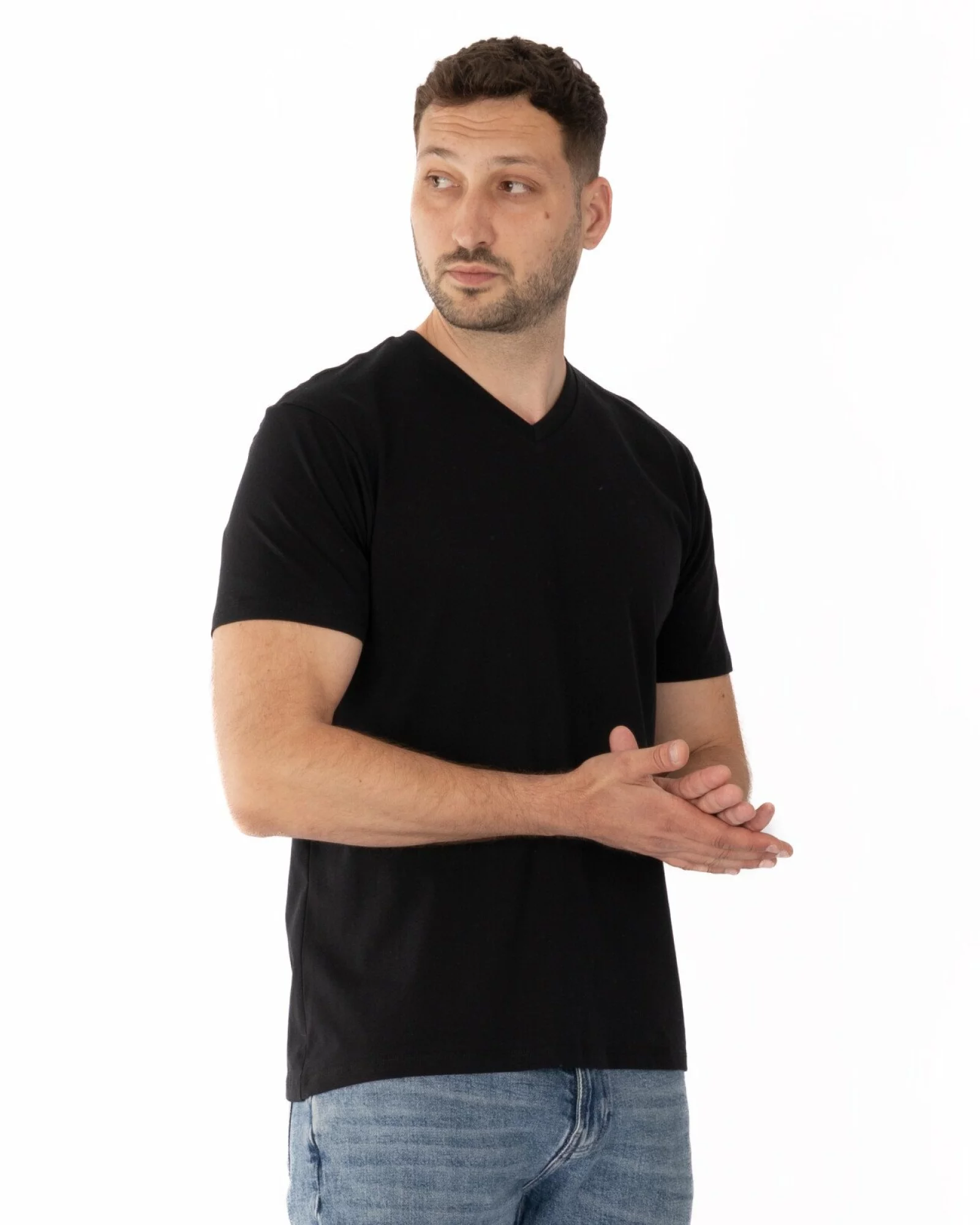 Tricou negru bumbac decolteu V
