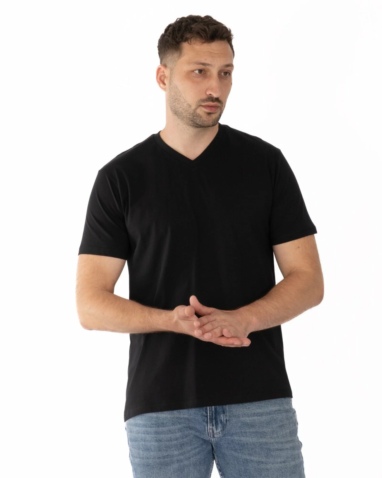Tricou negru bumbac decolteu V