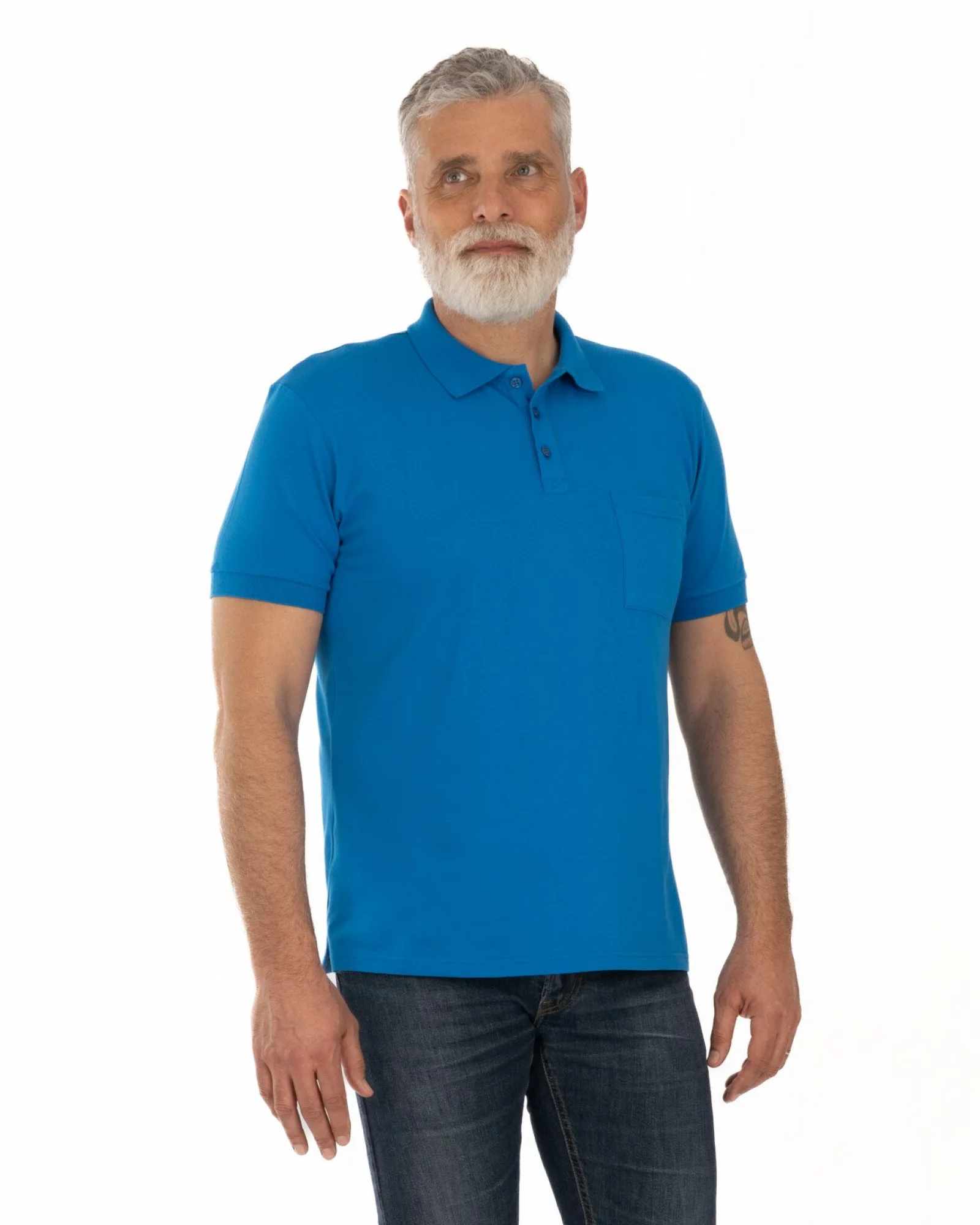 Tricou polo piquet albastru din bumbac cu buzunar