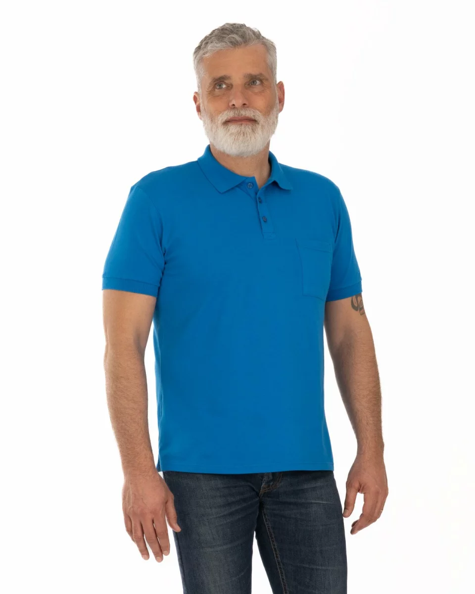 Tricou polo piquet albastru din bumbac cu buzunar